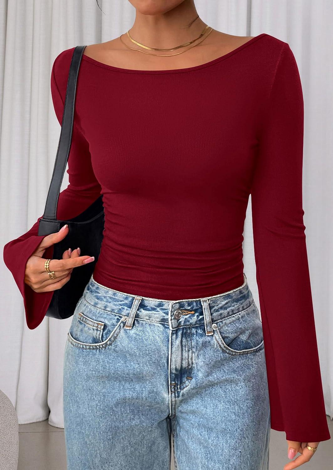 imagePRETTYGARDEN Womens Long Sleeve Shirts 2026 Spring Crop Going Out Tops Casual Boat Neck Bell Sleeve Ribbed Ruched Y2K ClothesBurgundy