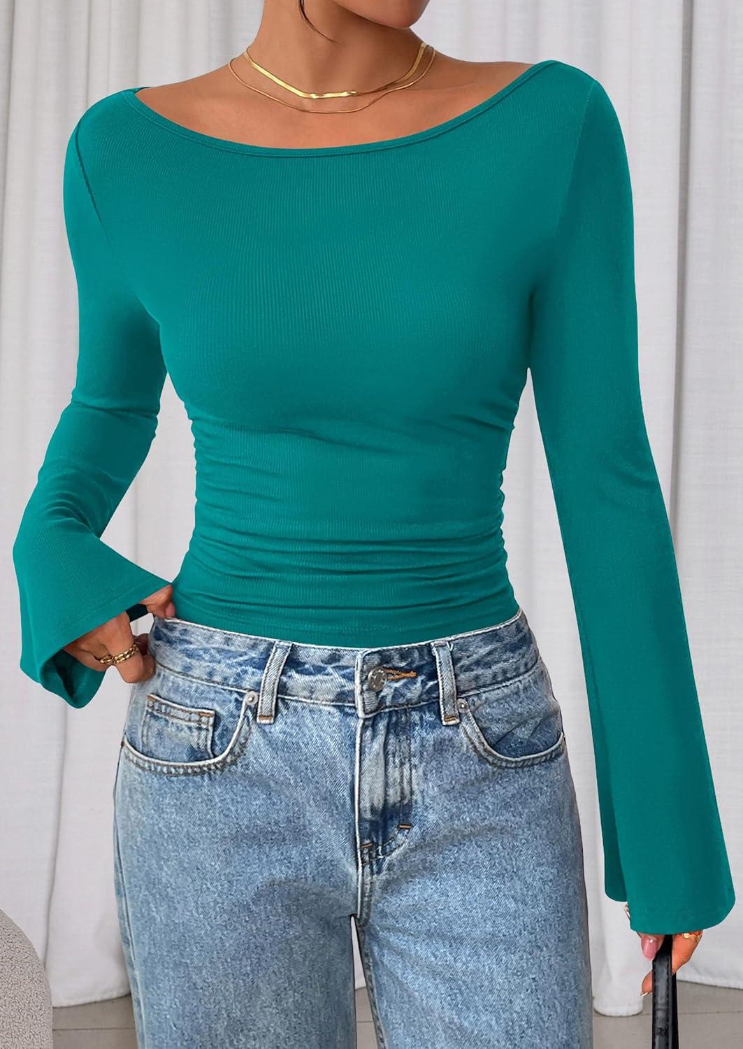 imagePRETTYGARDEN Womens Long Sleeve Shirts 2026 Spring Crop Going Out Tops Casual Boat Neck Bell Sleeve Ribbed Ruched Y2K ClothesDark Cyan