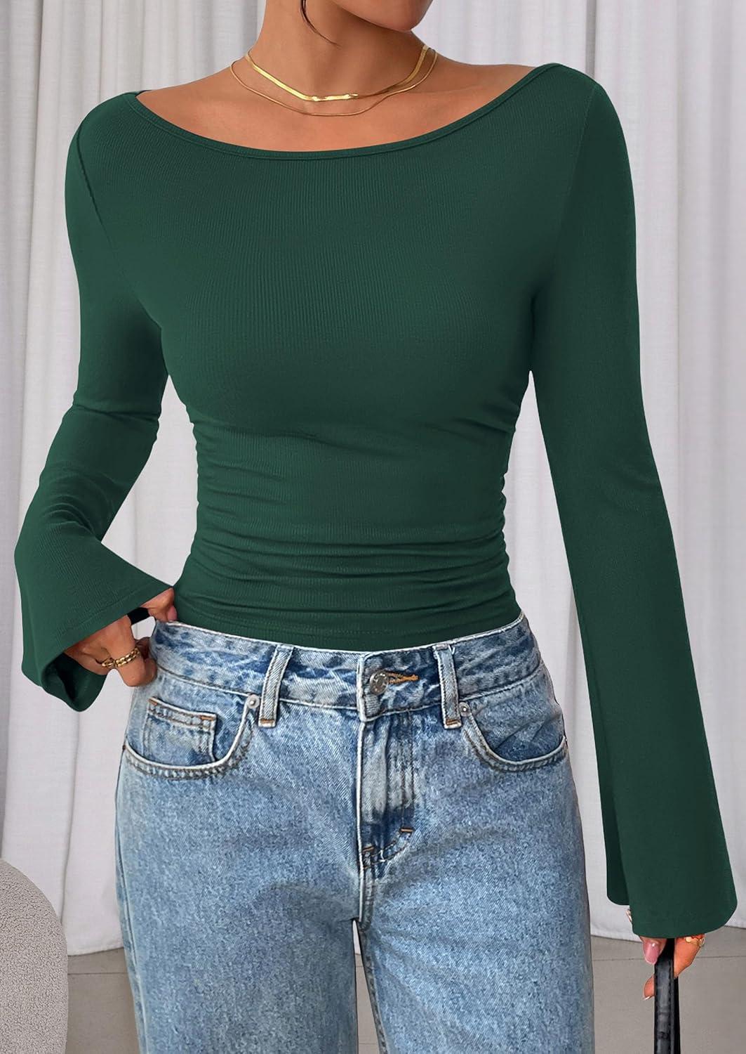 imagePRETTYGARDEN Womens Long Sleeve Shirts 2026 Spring Crop Going Out Tops Casual Boat Neck Bell Sleeve Ribbed Ruched Y2K ClothesDark Green