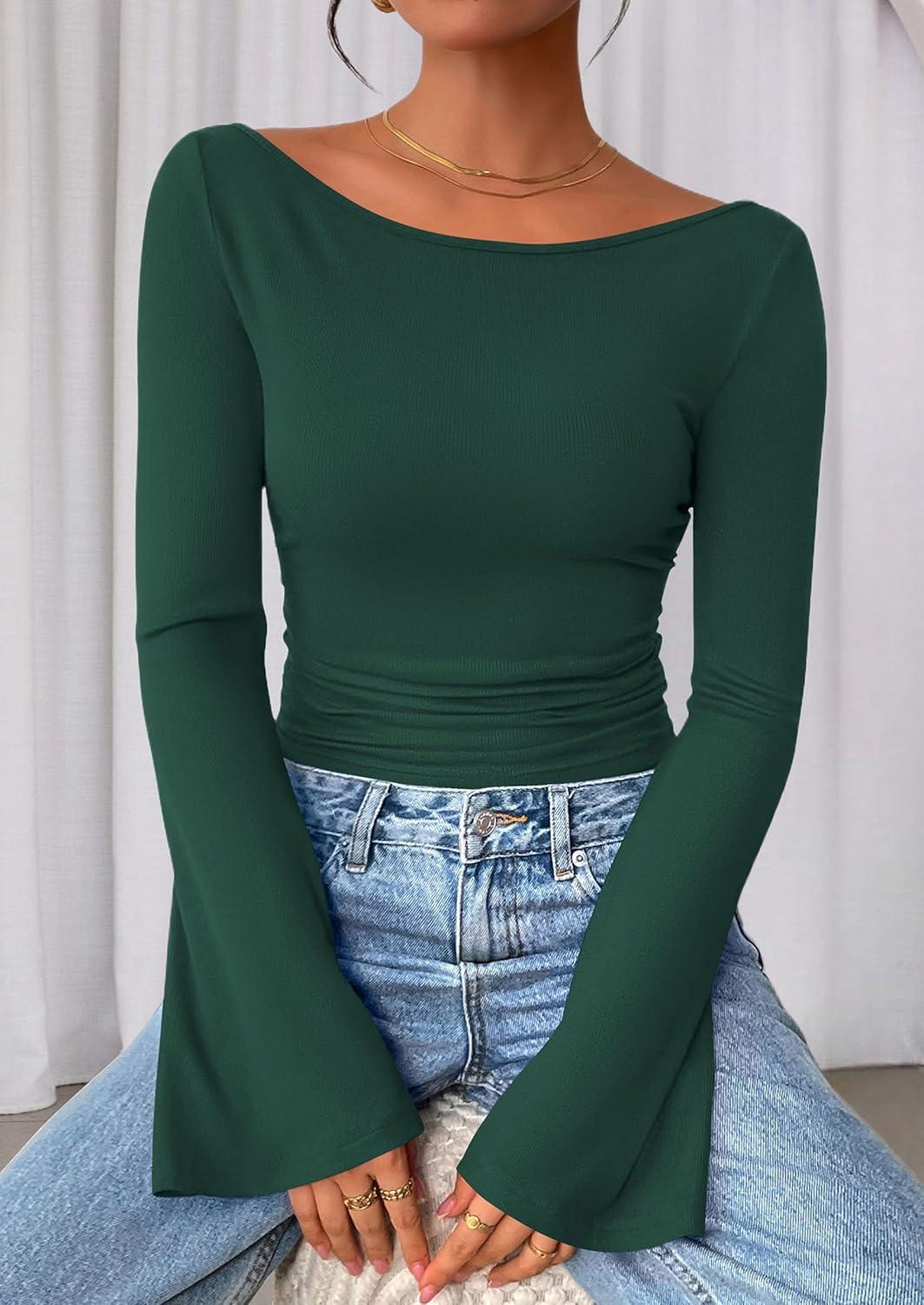 imagePRETTYGARDEN Womens Long Sleeve Shirts 2026 Spring Crop Going Out Tops Casual Boat Neck Bell Sleeve Ribbed Ruched Y2K ClothesDark Green