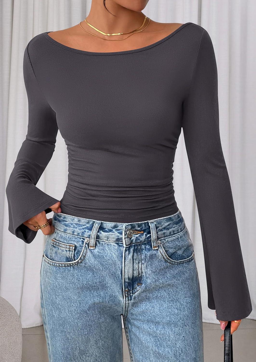 imagePRETTYGARDEN Womens Long Sleeve Shirts 2026 Spring Crop Going Out Tops Casual Boat Neck Bell Sleeve Ribbed Ruched Y2K ClothesDark Grey