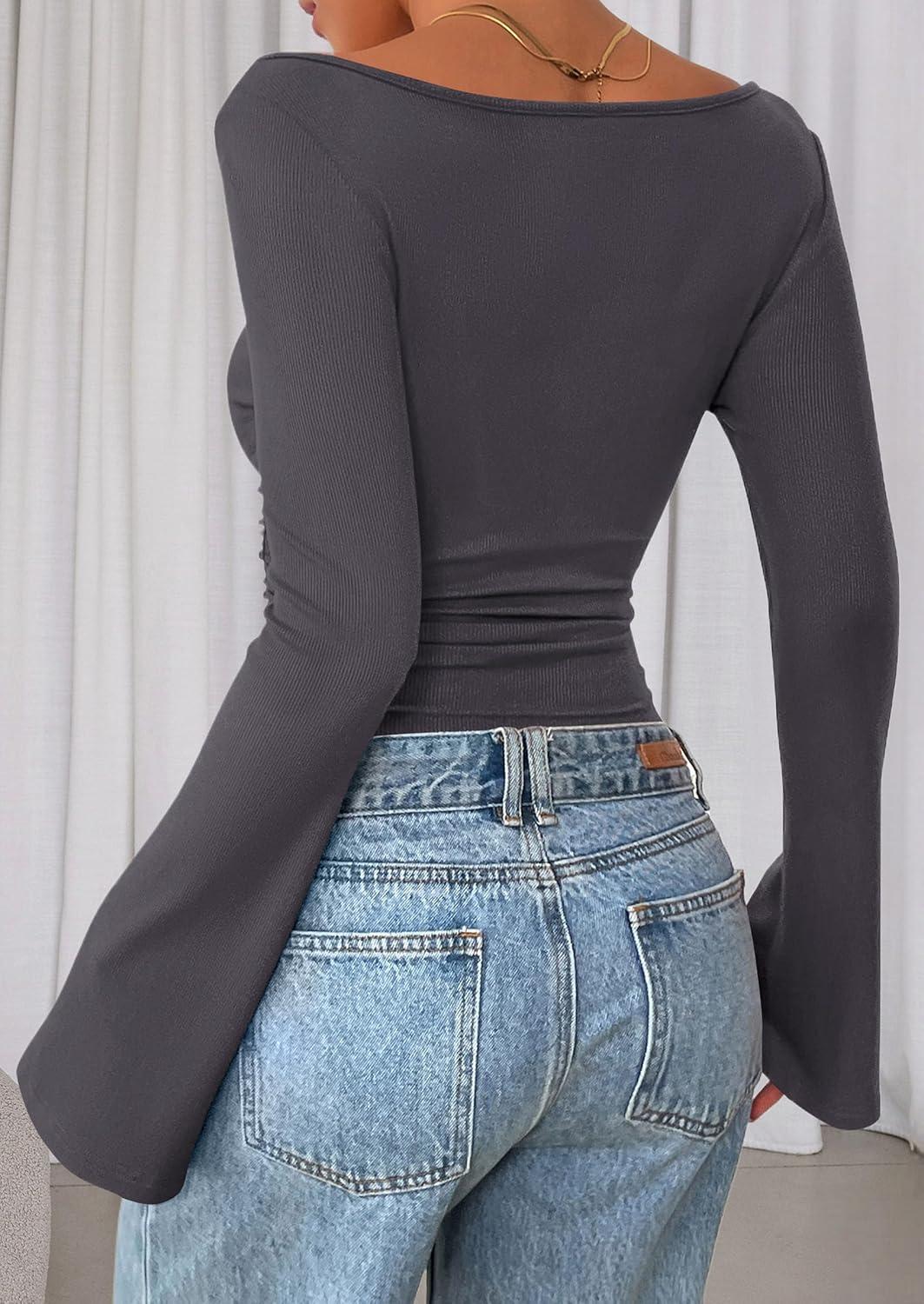 imagePRETTYGARDEN Womens Long Sleeve Shirts 2026 Spring Crop Going Out Tops Casual Boat Neck Bell Sleeve Ribbed Ruched Y2K ClothesDark Grey