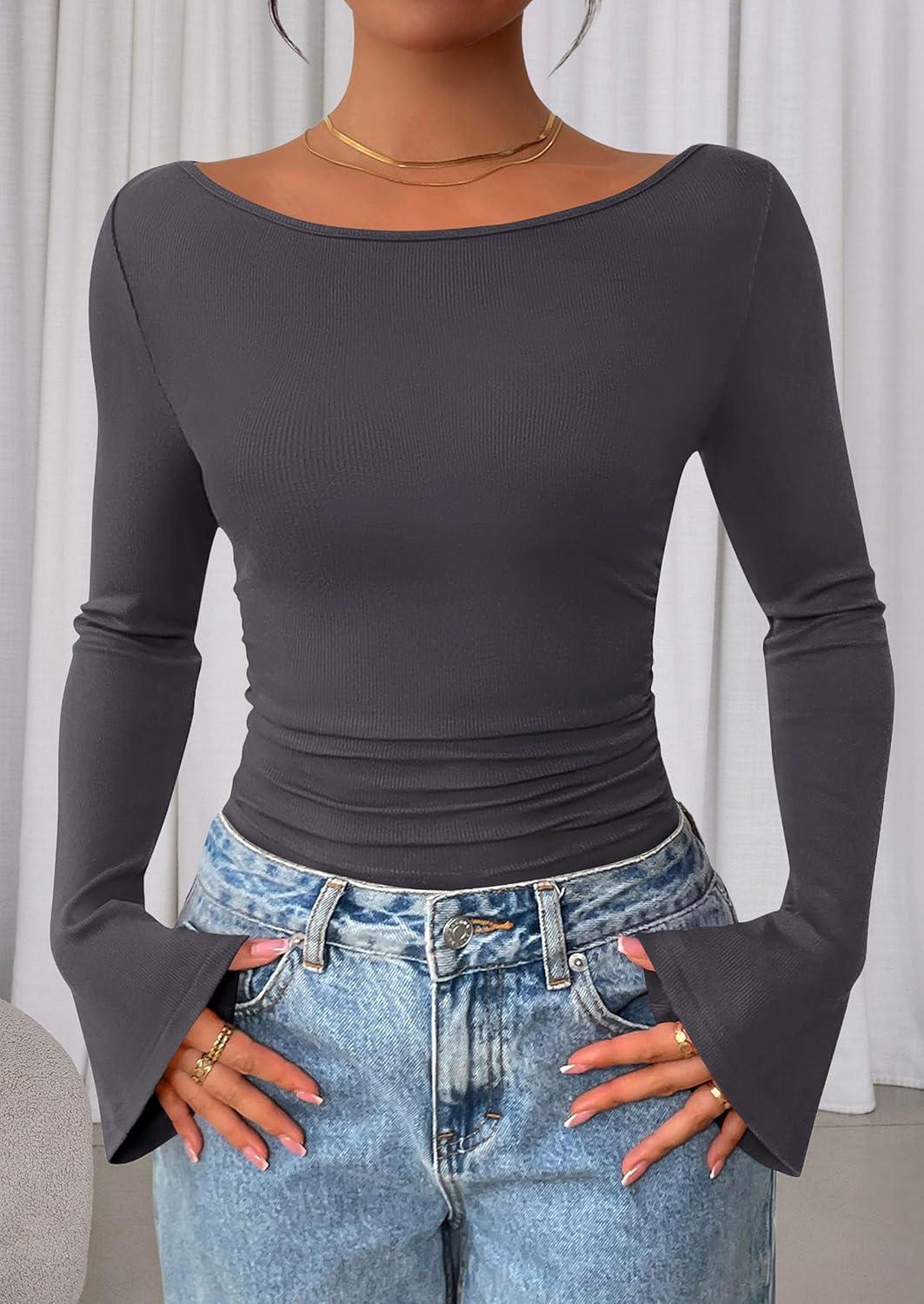 imagePRETTYGARDEN Womens Long Sleeve Shirts 2026 Spring Crop Going Out Tops Casual Boat Neck Bell Sleeve Ribbed Ruched Y2K ClothesDark Grey