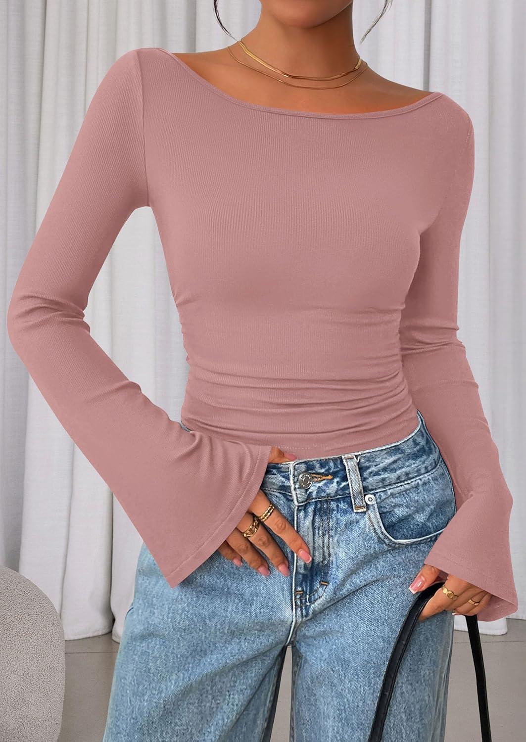 imagePRETTYGARDEN Womens Long Sleeve Shirts 2026 Spring Crop Going Out Tops Casual Boat Neck Bell Sleeve Ribbed Ruched Y2K ClothesDusty Pink