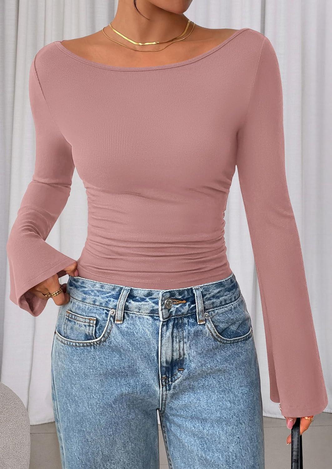 imagePRETTYGARDEN Womens Long Sleeve Shirts 2026 Spring Crop Going Out Tops Casual Boat Neck Bell Sleeve Ribbed Ruched Y2K ClothesDusty Pink