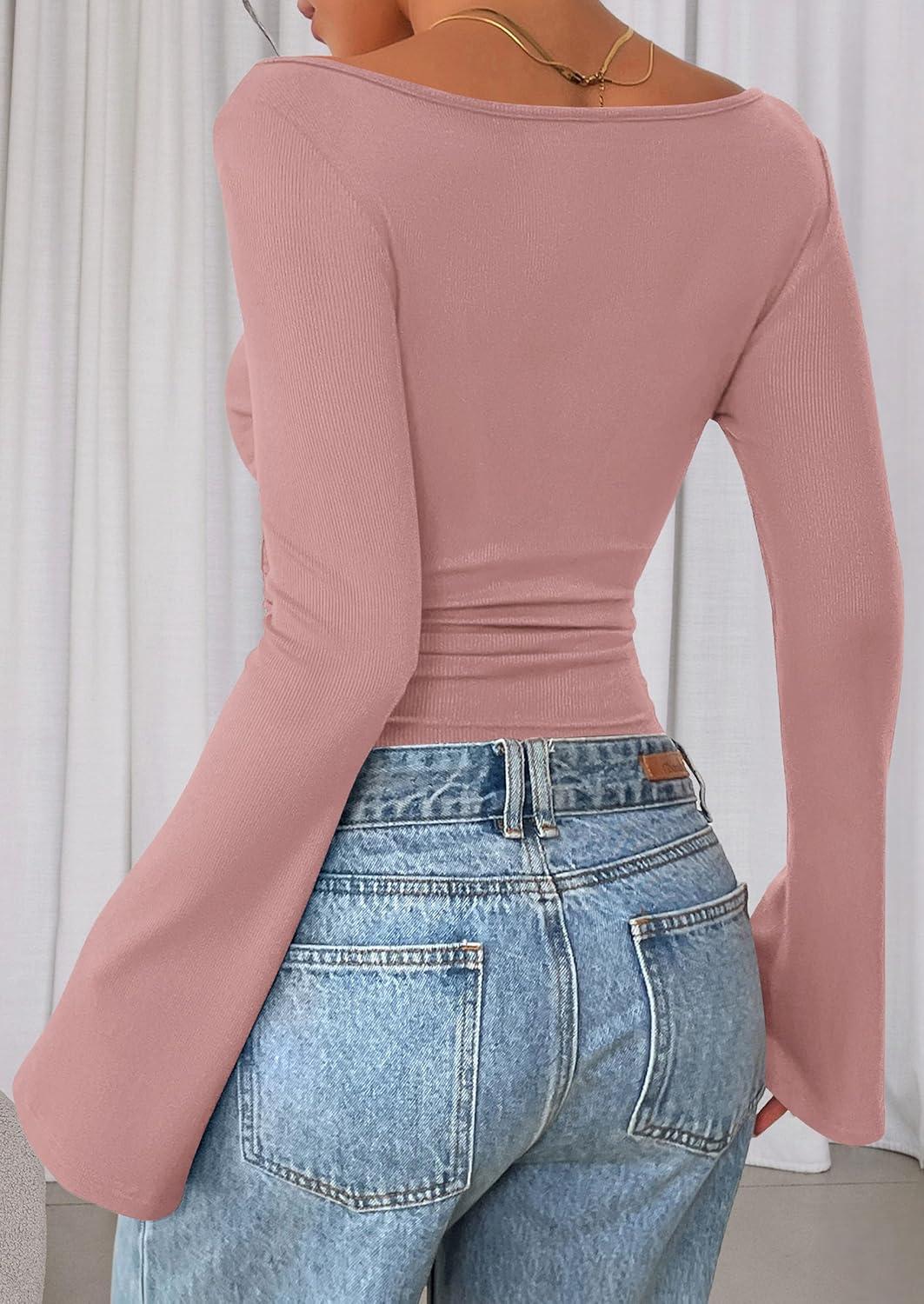 imagePRETTYGARDEN Womens Long Sleeve Shirts 2026 Spring Crop Going Out Tops Casual Boat Neck Bell Sleeve Ribbed Ruched Y2K ClothesDusty Pink