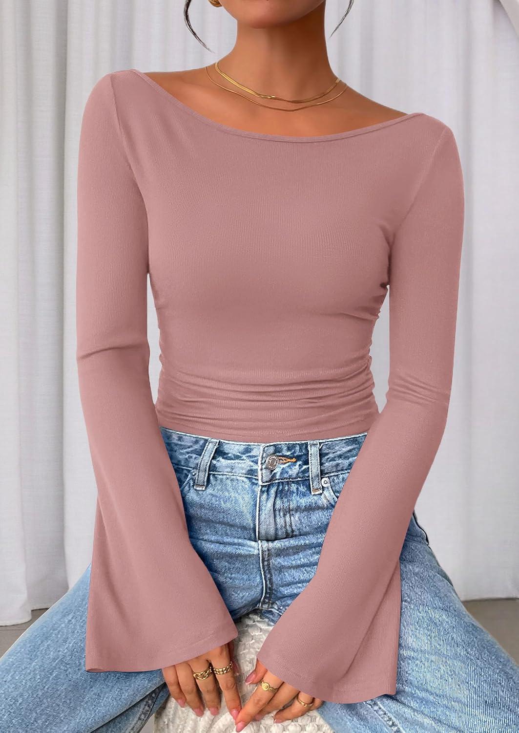 imagePRETTYGARDEN Womens Long Sleeve Shirts 2026 Spring Crop Going Out Tops Casual Boat Neck Bell Sleeve Ribbed Ruched Y2K ClothesDusty Pink