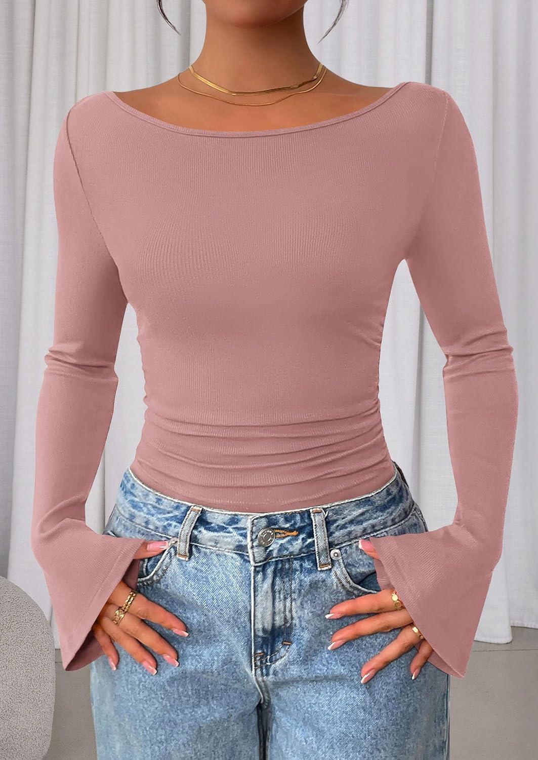 imagePRETTYGARDEN Womens Long Sleeve Shirts 2026 Spring Crop Going Out Tops Casual Boat Neck Bell Sleeve Ribbed Ruched Y2K ClothesDusty Pink