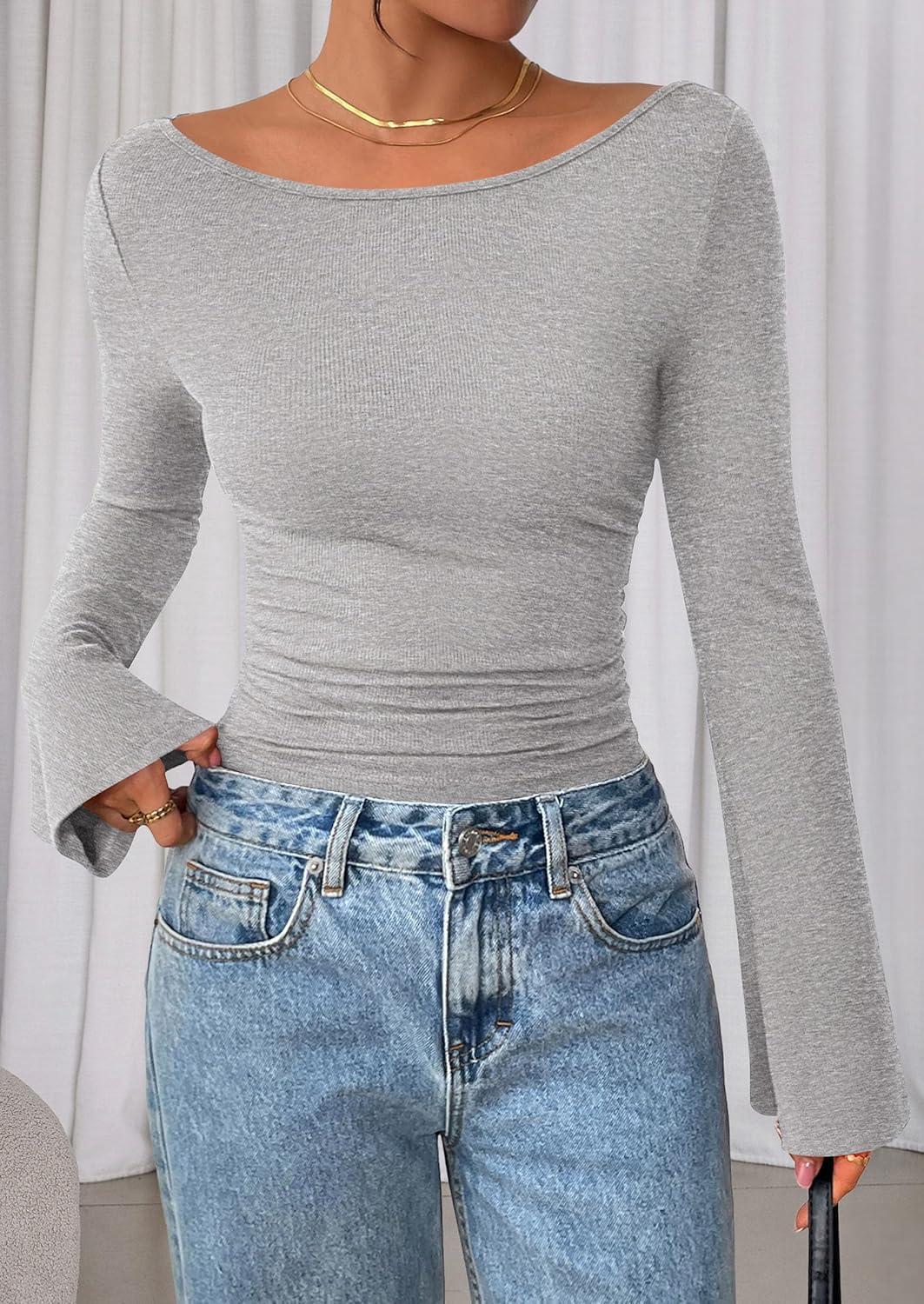 imagePRETTYGARDEN Womens Long Sleeve Shirts 2026 Spring Crop Going Out Tops Casual Boat Neck Bell Sleeve Ribbed Ruched Y2K ClothesGrey