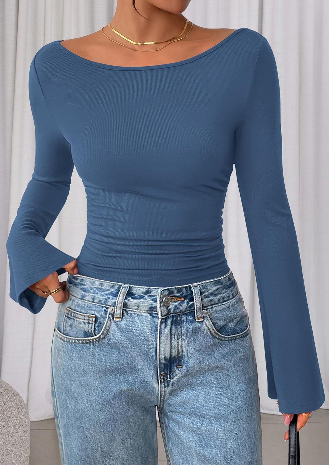 imagePRETTYGARDEN Womens Long Sleeve Shirts 2026 Spring Crop Going Out Tops Casual Boat Neck Bell Sleeve Ribbed Ruched Y2K ClothesGrey Blue