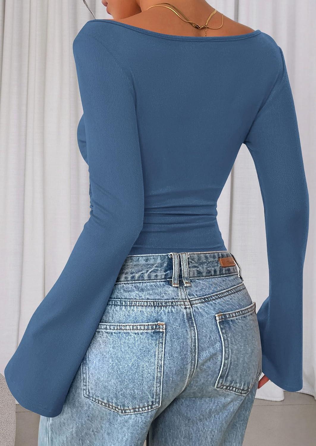 imagePRETTYGARDEN Womens Long Sleeve Shirts 2026 Spring Crop Going Out Tops Casual Boat Neck Bell Sleeve Ribbed Ruched Y2K ClothesGrey Blue