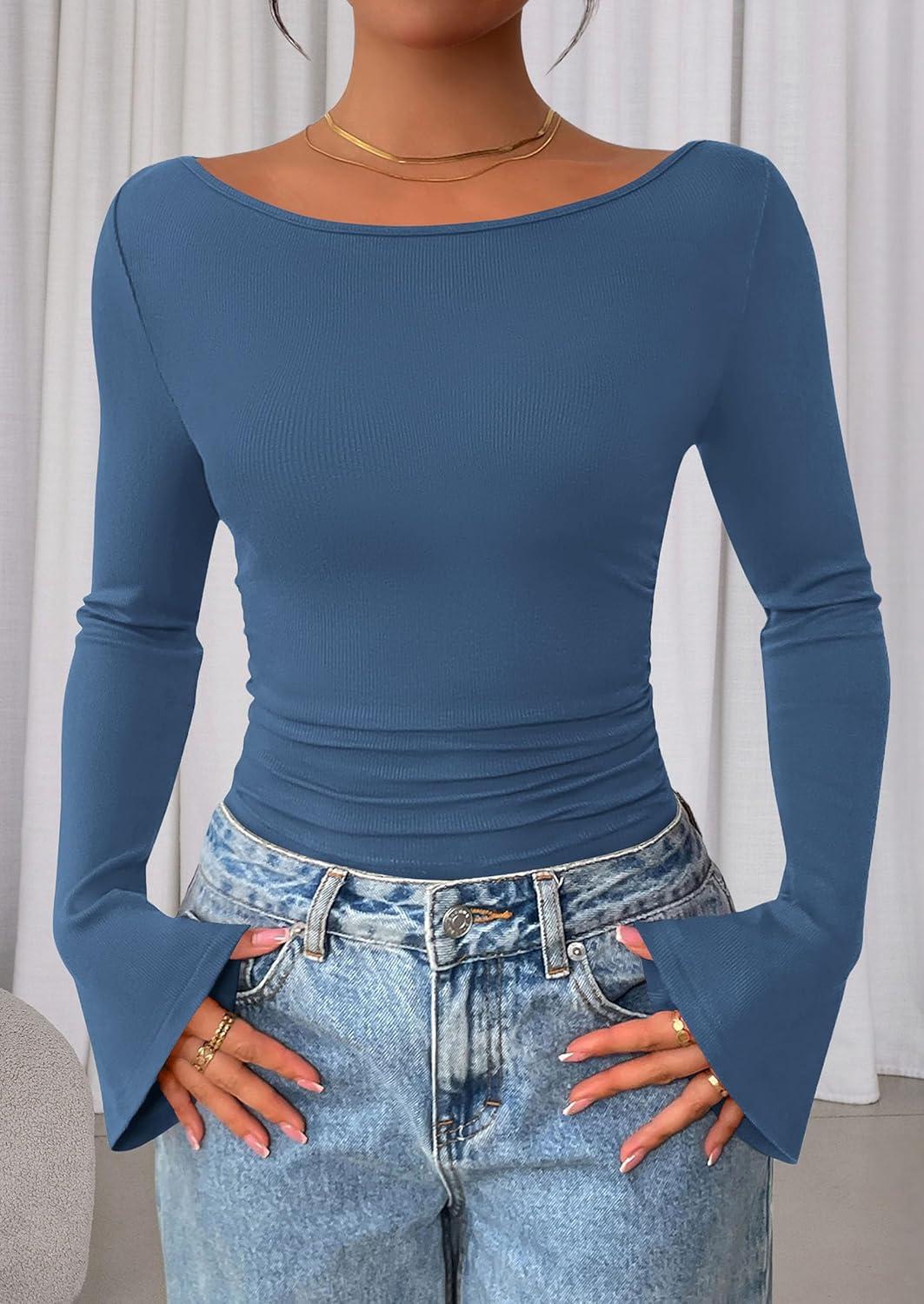 imagePRETTYGARDEN Womens Long Sleeve Shirts 2026 Spring Crop Going Out Tops Casual Boat Neck Bell Sleeve Ribbed Ruched Y2K ClothesGrey Blue