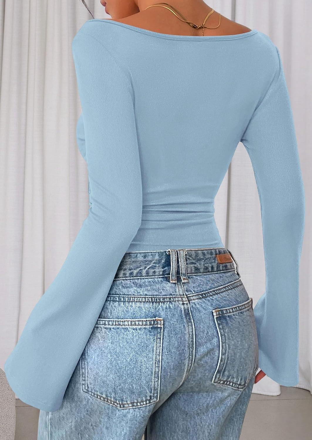 imagePRETTYGARDEN Womens Long Sleeve Shirts 2026 Spring Crop Going Out Tops Casual Boat Neck Bell Sleeve Ribbed Ruched Y2K ClothesLight Blue