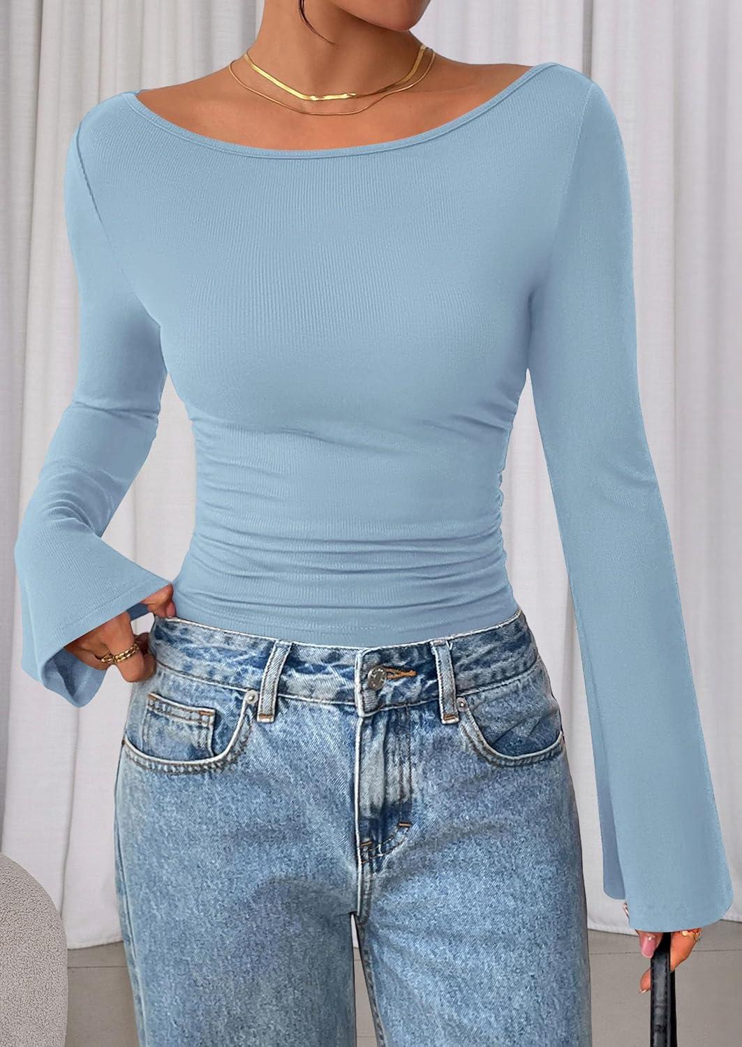 imagePRETTYGARDEN Womens Long Sleeve Shirts 2026 Spring Crop Going Out Tops Casual Boat Neck Bell Sleeve Ribbed Ruched Y2K ClothesLight Blue