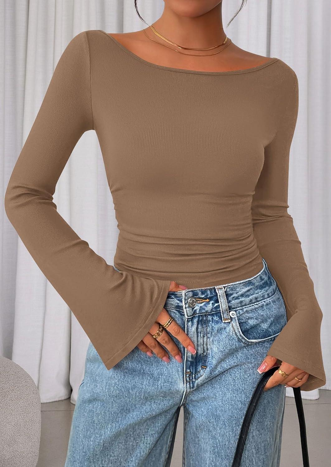 imagePRETTYGARDEN Womens Long Sleeve Shirts 2026 Spring Crop Going Out Tops Casual Boat Neck Bell Sleeve Ribbed Ruched Y2K ClothesLight Brown