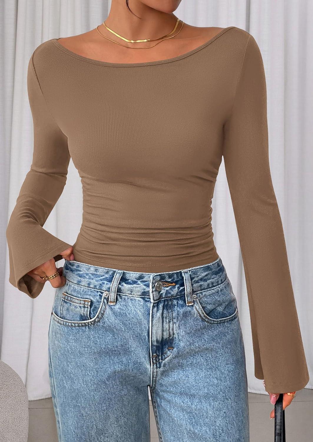 imagePRETTYGARDEN Womens Long Sleeve Shirts 2026 Spring Crop Going Out Tops Casual Boat Neck Bell Sleeve Ribbed Ruched Y2K ClothesLight Brown
