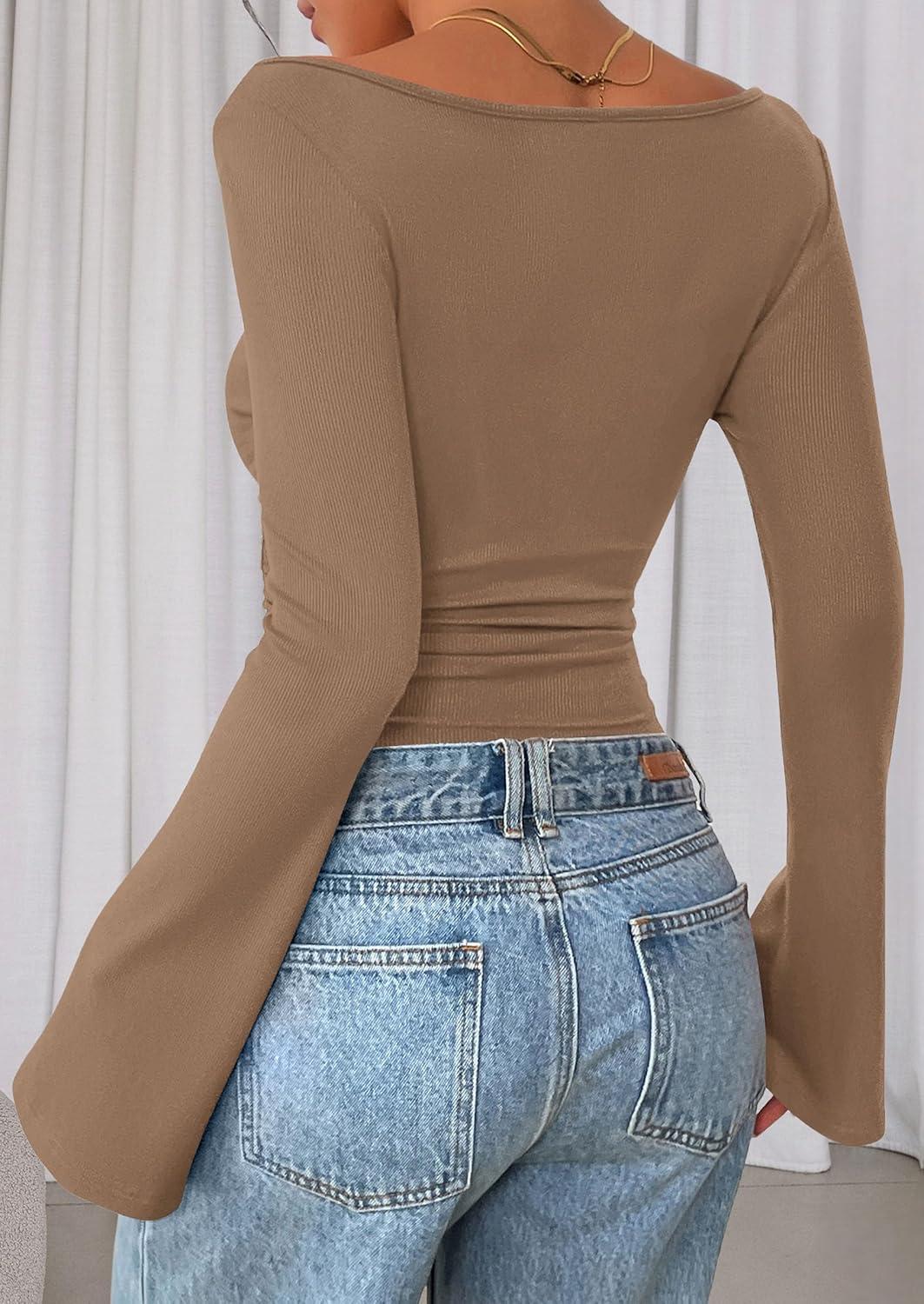 imagePRETTYGARDEN Womens Long Sleeve Shirts 2026 Spring Crop Going Out Tops Casual Boat Neck Bell Sleeve Ribbed Ruched Y2K ClothesLight Brown