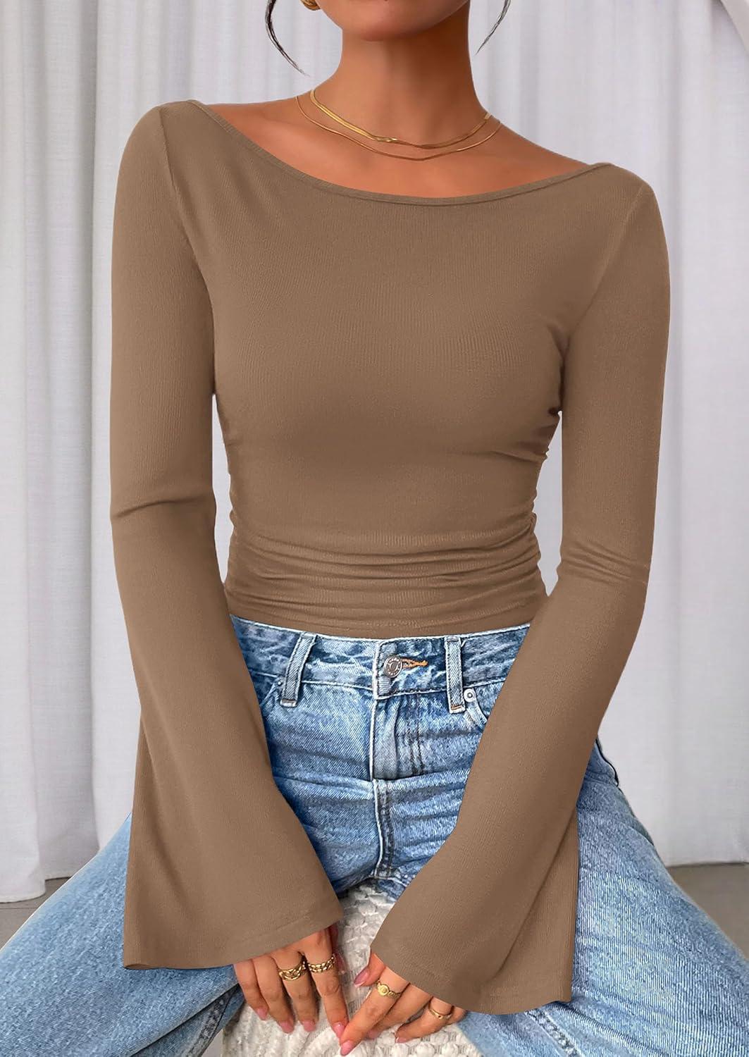 imagePRETTYGARDEN Womens Long Sleeve Shirts 2026 Spring Crop Going Out Tops Casual Boat Neck Bell Sleeve Ribbed Ruched Y2K ClothesLight Brown