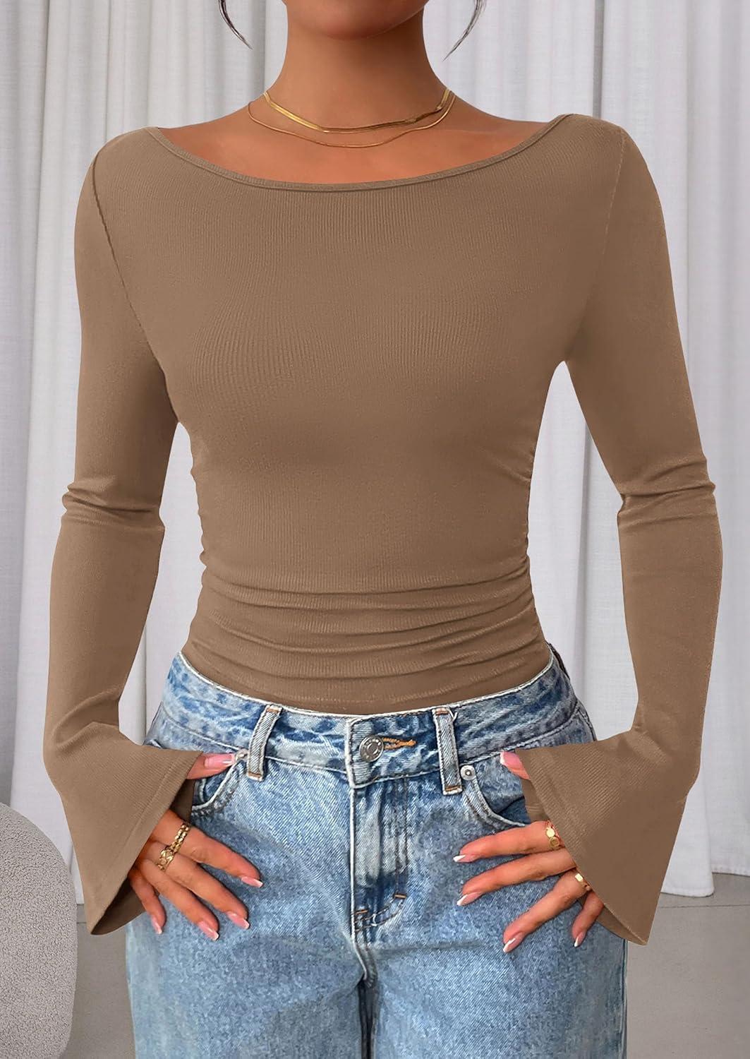 imagePRETTYGARDEN Womens Long Sleeve Shirts 2026 Spring Crop Going Out Tops Casual Boat Neck Bell Sleeve Ribbed Ruched Y2K ClothesLight Brown