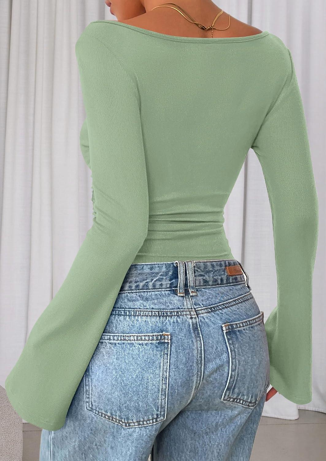 imagePRETTYGARDEN Womens Long Sleeve Shirts 2026 Spring Crop Going Out Tops Casual Boat Neck Bell Sleeve Ribbed Ruched Y2K ClothesLight Green