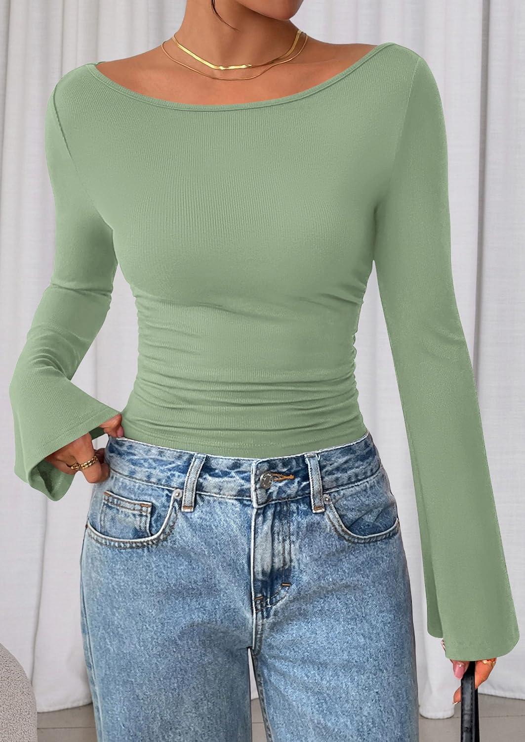 imagePRETTYGARDEN Womens Long Sleeve Shirts 2026 Spring Crop Going Out Tops Casual Boat Neck Bell Sleeve Ribbed Ruched Y2K ClothesLight Green