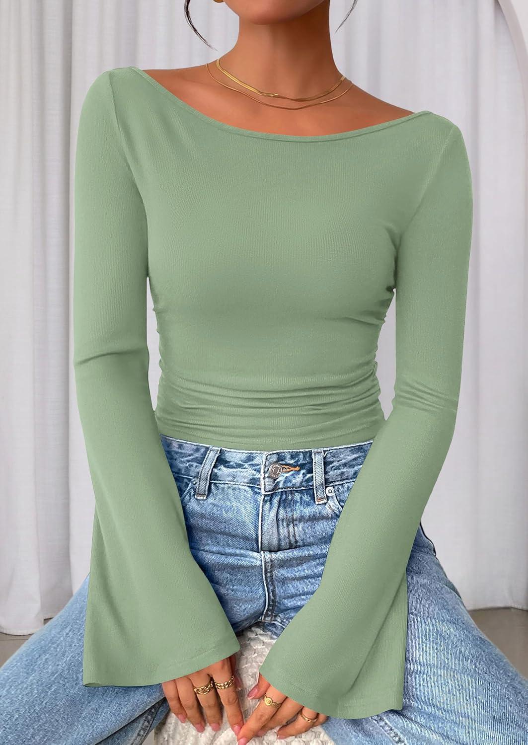 imagePRETTYGARDEN Womens Long Sleeve Shirts 2026 Spring Crop Going Out Tops Casual Boat Neck Bell Sleeve Ribbed Ruched Y2K ClothesLight Green