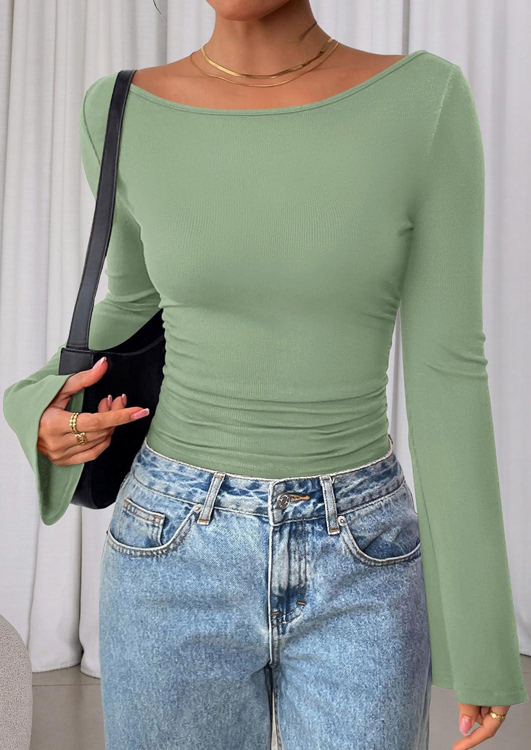 imagePRETTYGARDEN Womens Long Sleeve Shirts 2026 Spring Crop Going Out Tops Casual Boat Neck Bell Sleeve Ribbed Ruched Y2K ClothesLight Green