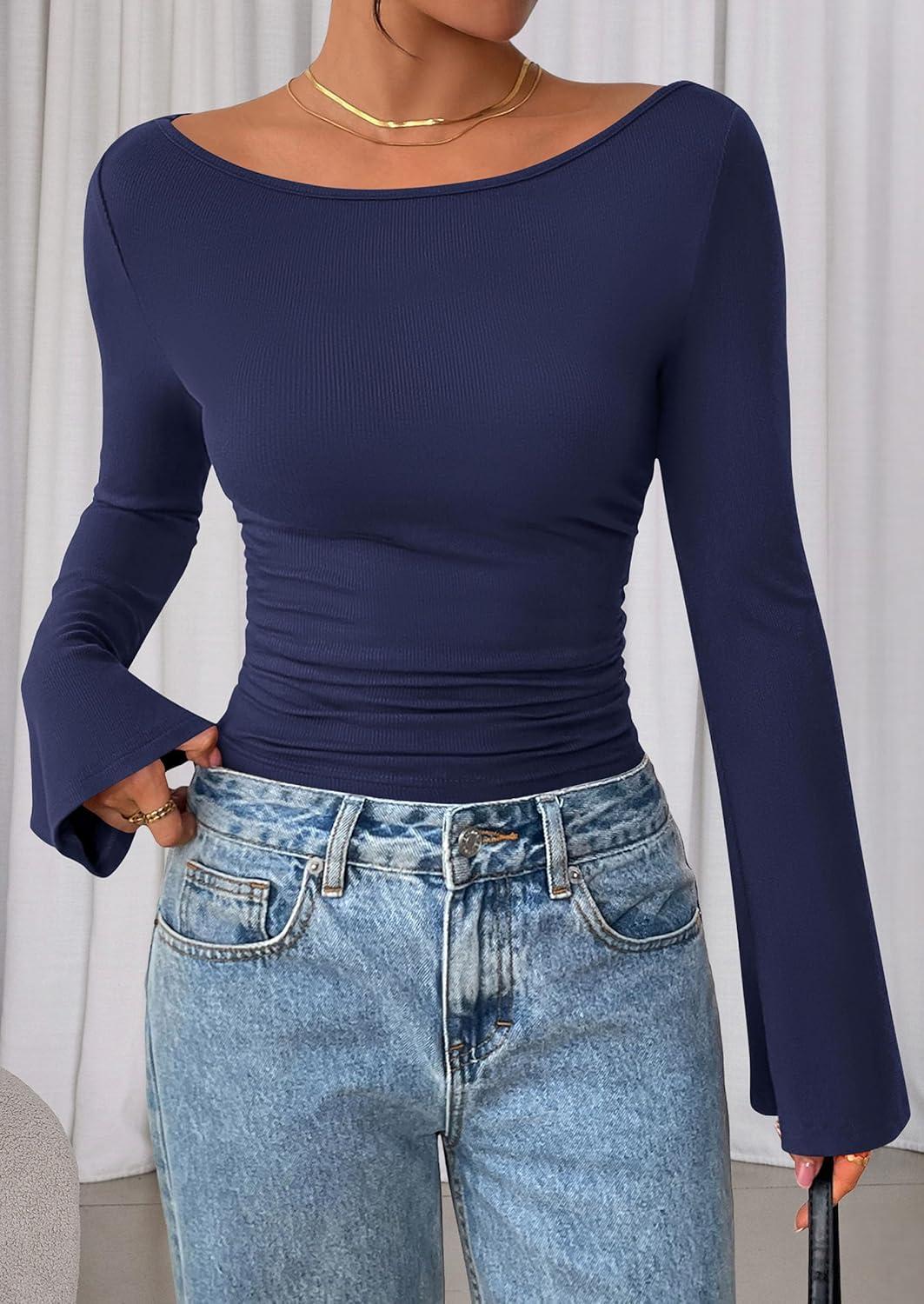 imagePRETTYGARDEN Womens Long Sleeve Shirts 2026 Spring Crop Going Out Tops Casual Boat Neck Bell Sleeve Ribbed Ruched Y2K ClothesNavy Blue