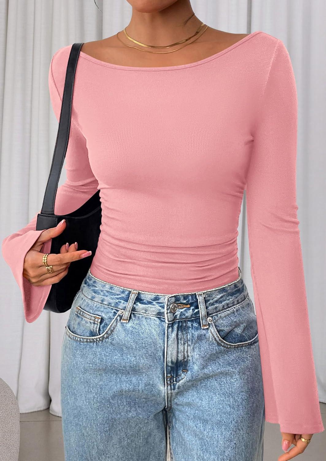 imagePRETTYGARDEN Womens Long Sleeve Shirts 2026 Spring Crop Going Out Tops Casual Boat Neck Bell Sleeve Ribbed Ruched Y2K ClothesPink