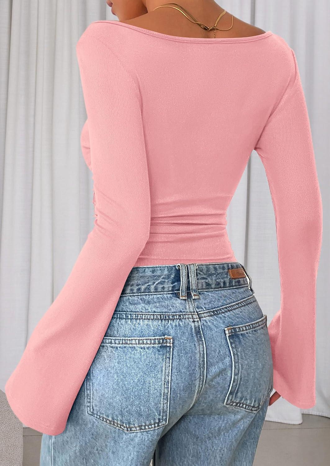 imagePRETTYGARDEN Womens Long Sleeve Shirts 2026 Spring Crop Going Out Tops Casual Boat Neck Bell Sleeve Ribbed Ruched Y2K ClothesPink