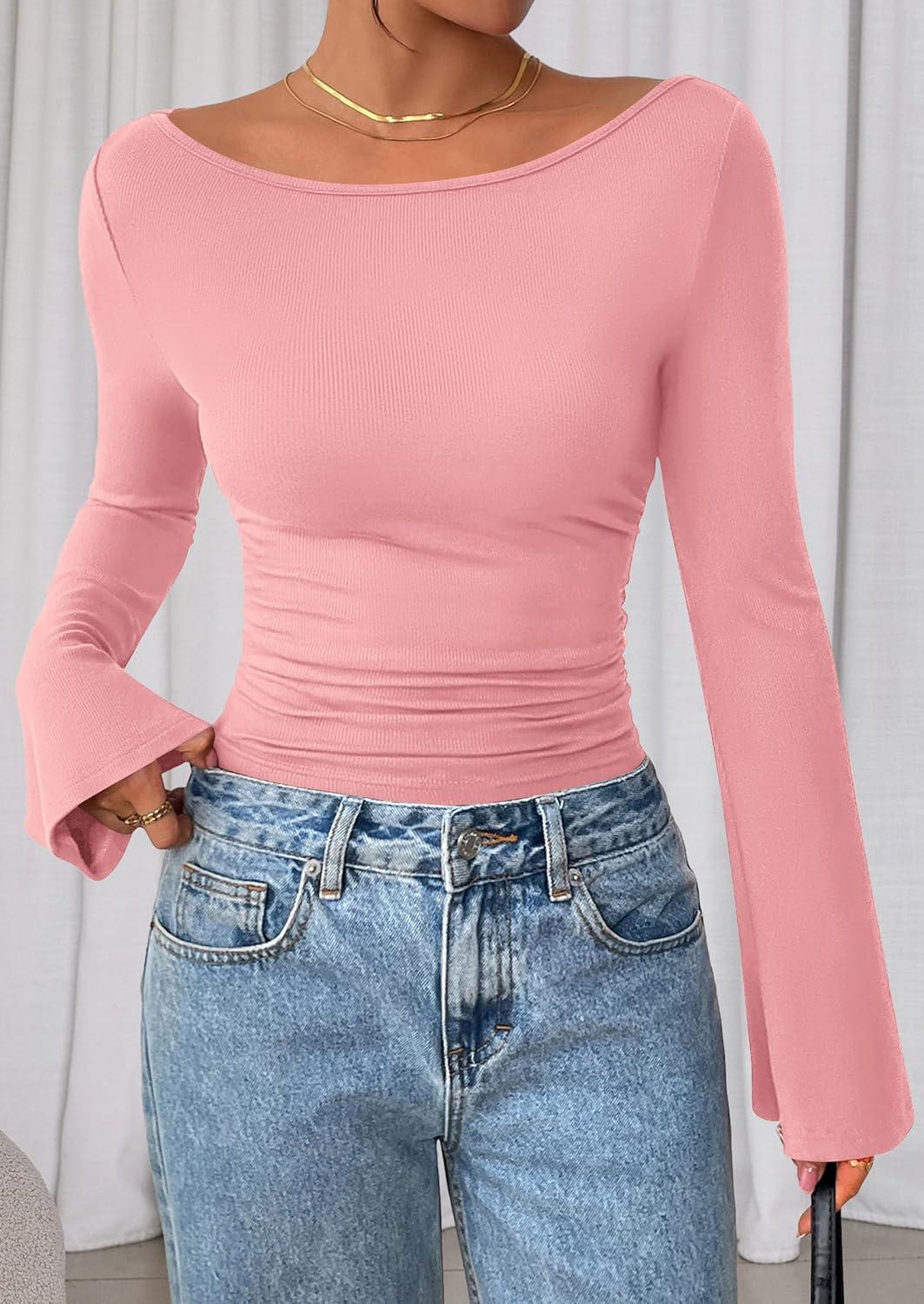 imagePRETTYGARDEN Womens Long Sleeve Shirts 2026 Spring Crop Going Out Tops Casual Boat Neck Bell Sleeve Ribbed Ruched Y2K ClothesPink