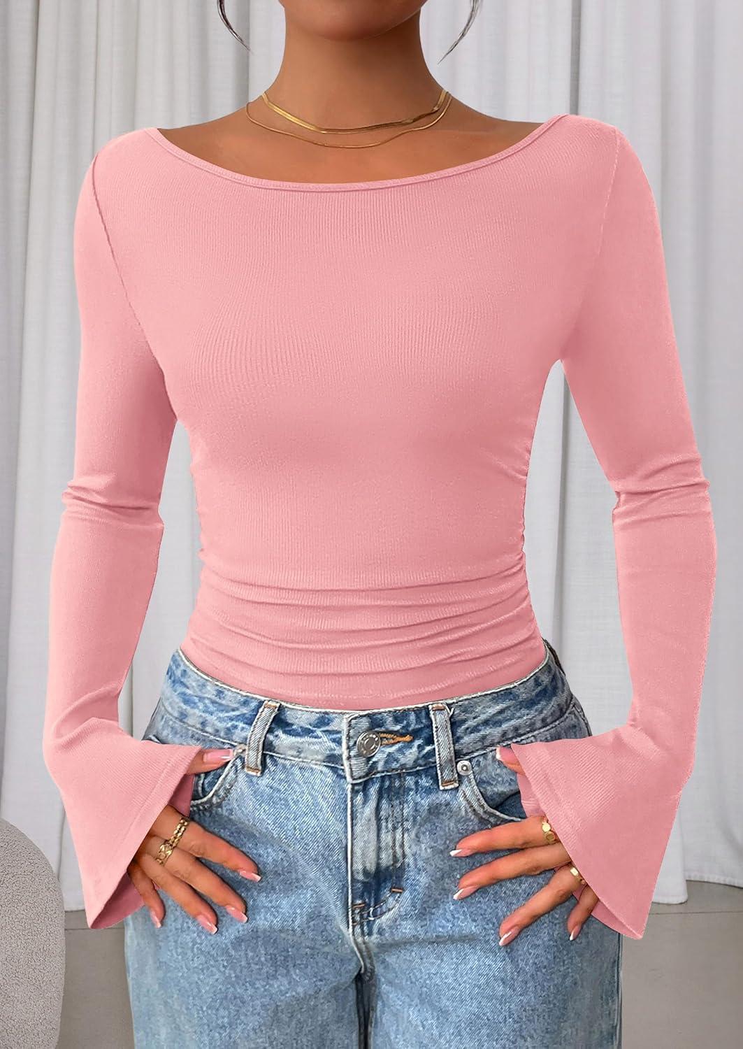 imagePRETTYGARDEN Womens Long Sleeve Shirts 2026 Spring Crop Going Out Tops Casual Boat Neck Bell Sleeve Ribbed Ruched Y2K ClothesPink