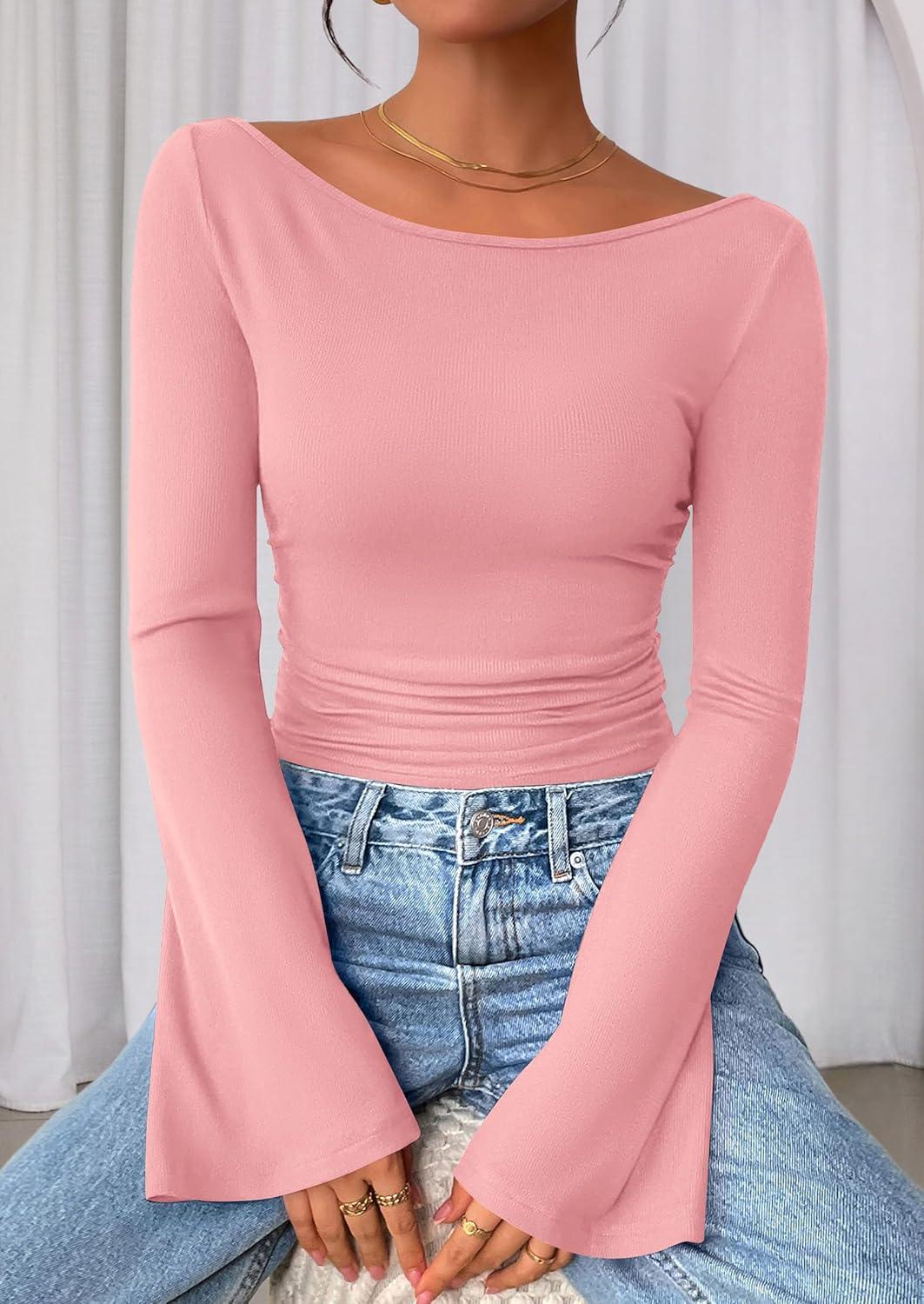 imagePRETTYGARDEN Womens Long Sleeve Shirts 2026 Spring Crop Going Out Tops Casual Boat Neck Bell Sleeve Ribbed Ruched Y2K ClothesPink