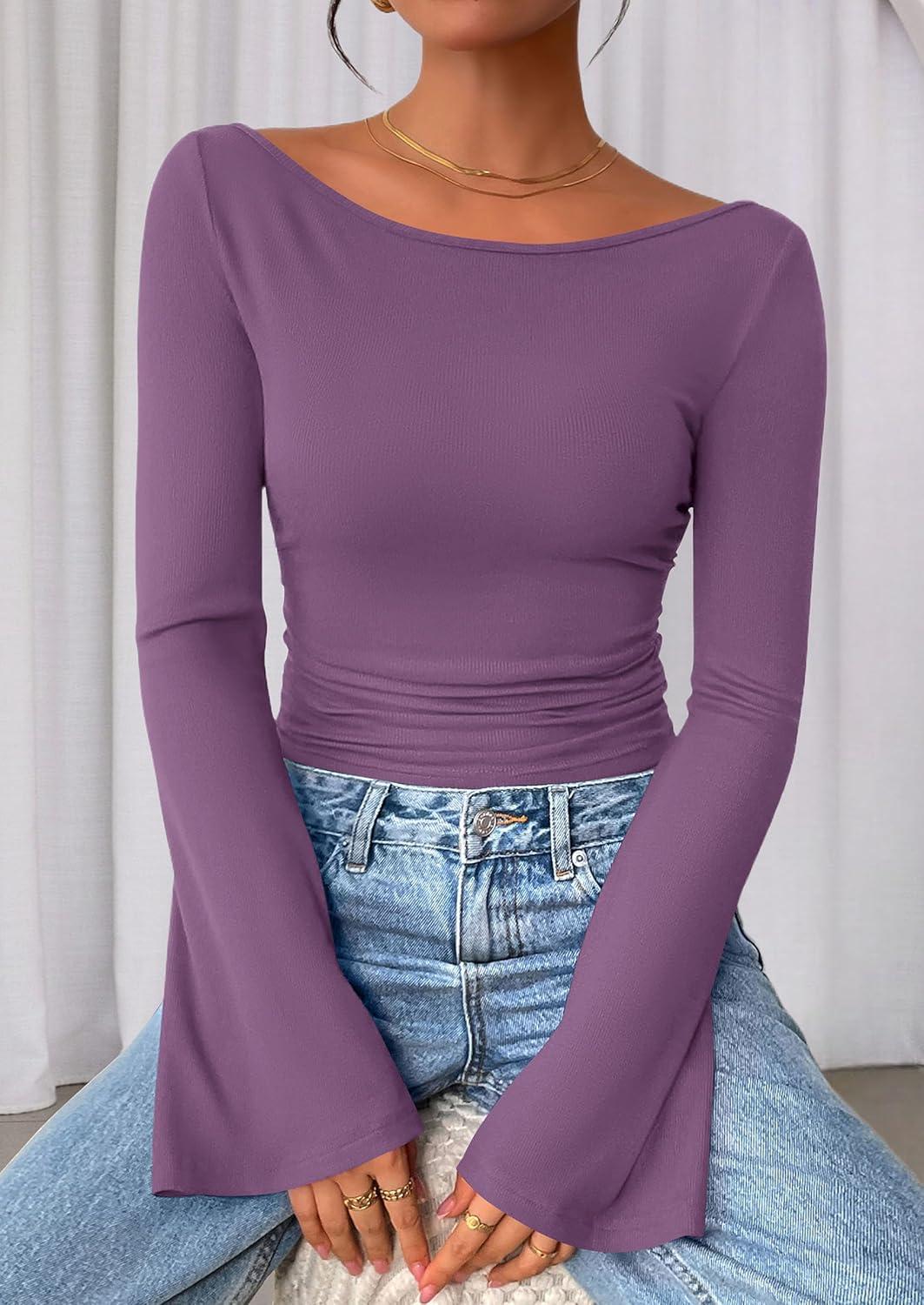 imagePRETTYGARDEN Womens Long Sleeve Shirts 2026 Spring Crop Going Out Tops Casual Boat Neck Bell Sleeve Ribbed Ruched Y2K ClothesPurple