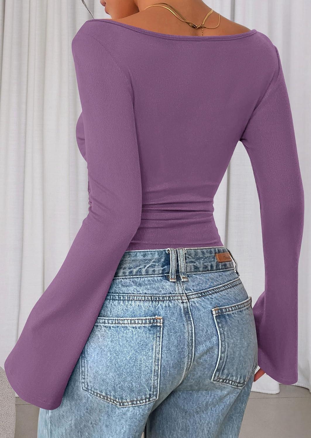 imagePRETTYGARDEN Womens Long Sleeve Shirts 2026 Spring Crop Going Out Tops Casual Boat Neck Bell Sleeve Ribbed Ruched Y2K ClothesPurple