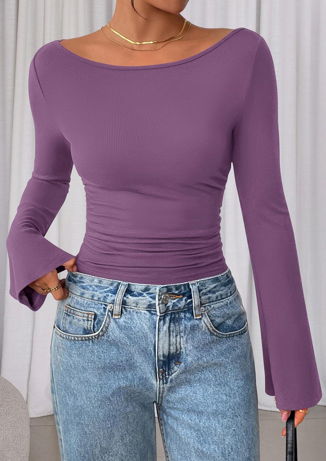 imagePRETTYGARDEN Womens Long Sleeve Shirts 2026 Spring Crop Going Out Tops Casual Boat Neck Bell Sleeve Ribbed Ruched Y2K ClothesPurple