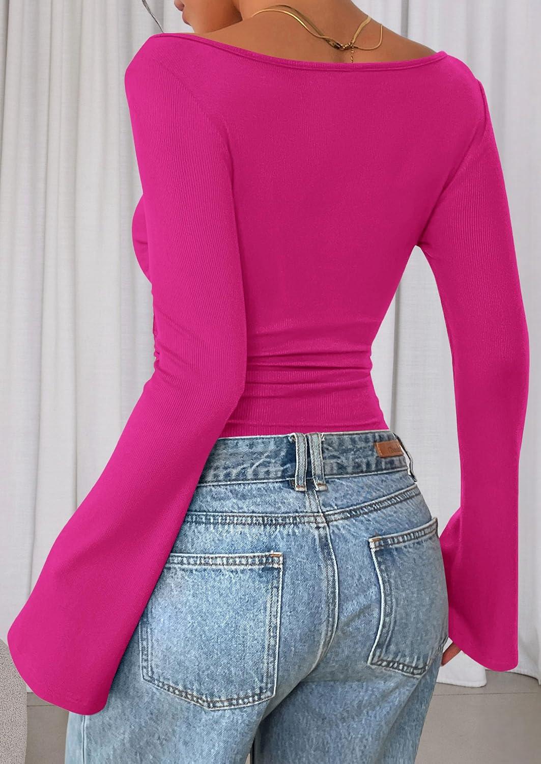imagePRETTYGARDEN Womens Long Sleeve Shirts 2026 Spring Crop Going Out Tops Casual Boat Neck Bell Sleeve Ribbed Ruched Y2K ClothesRose Red