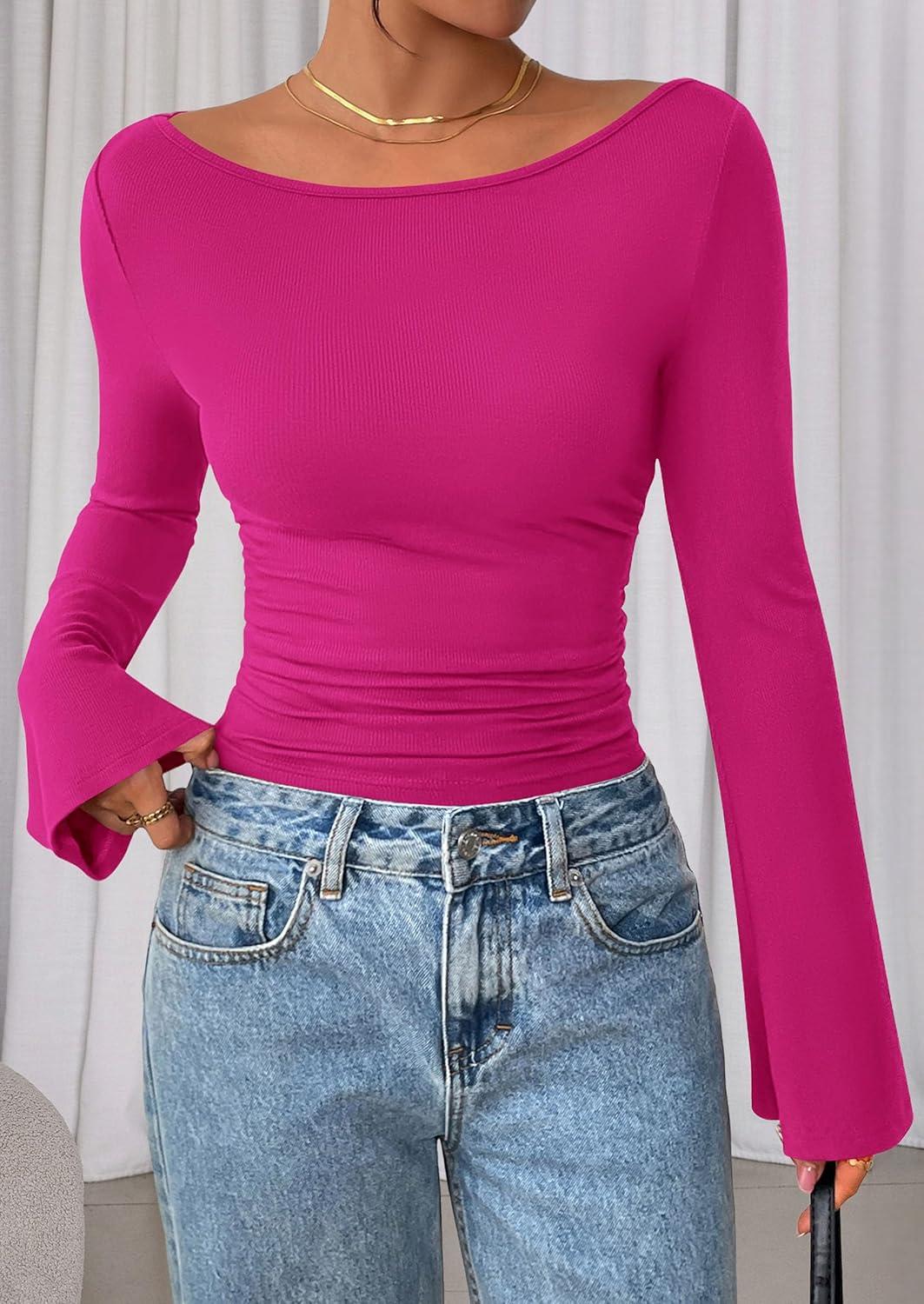 imagePRETTYGARDEN Womens Long Sleeve Shirts 2026 Spring Crop Going Out Tops Casual Boat Neck Bell Sleeve Ribbed Ruched Y2K ClothesRose Red