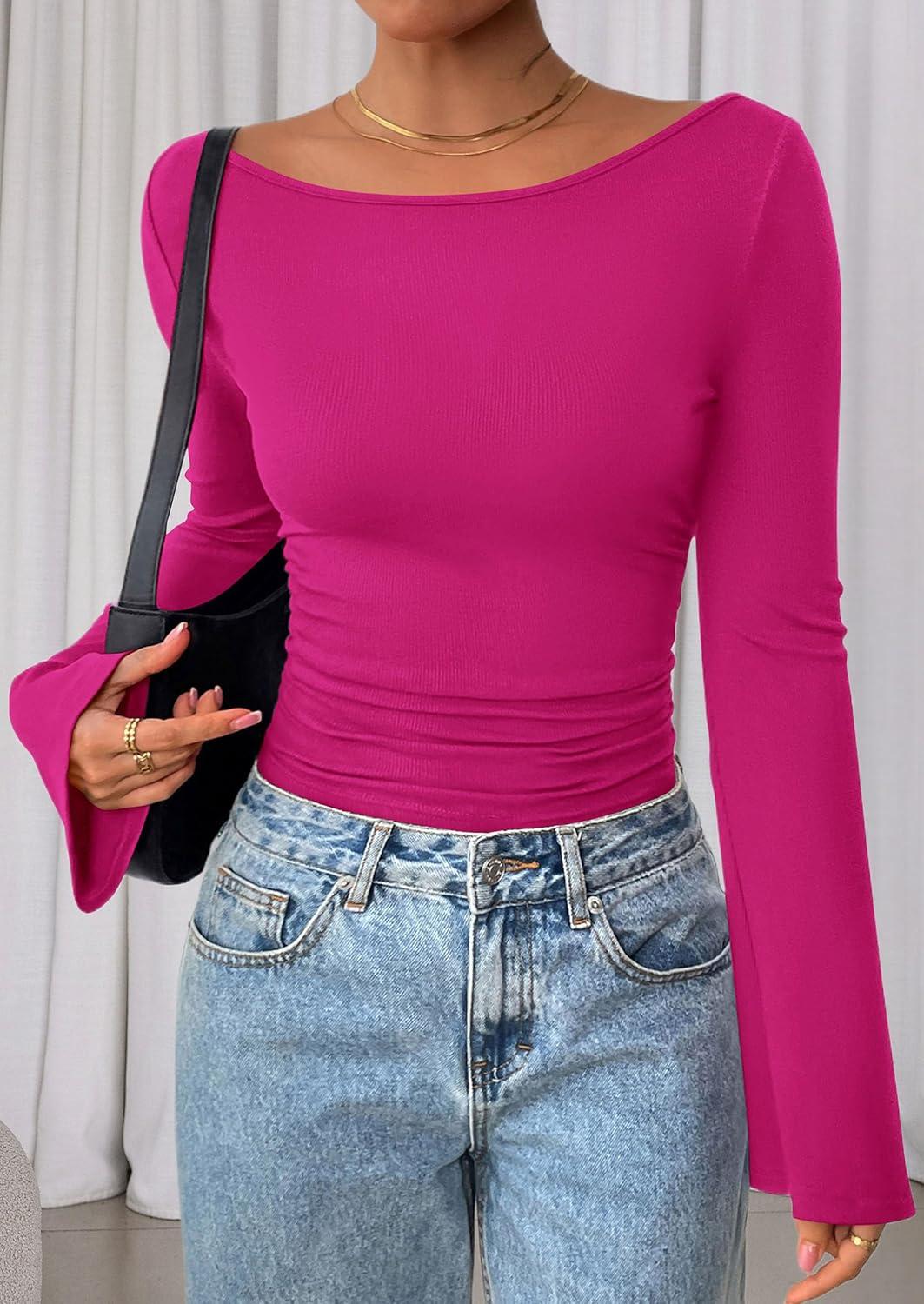 imagePRETTYGARDEN Womens Long Sleeve Shirts 2026 Spring Crop Going Out Tops Casual Boat Neck Bell Sleeve Ribbed Ruched Y2K ClothesRose Red