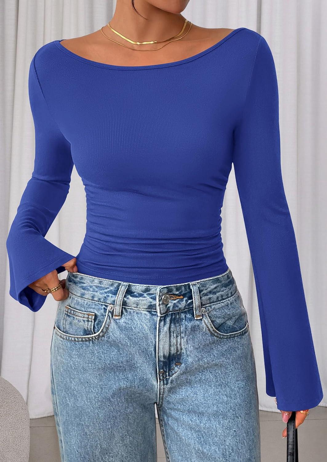 imagePRETTYGARDEN Womens Long Sleeve Shirts 2026 Spring Crop Going Out Tops Casual Boat Neck Bell Sleeve Ribbed Ruched Y2K ClothesRoyal Blue