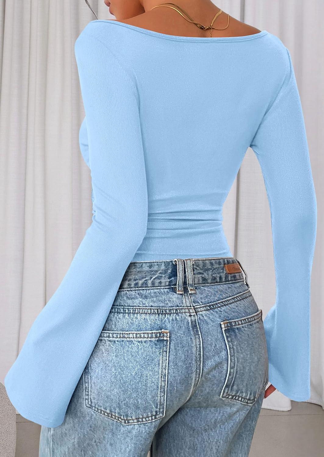imagePRETTYGARDEN Womens Long Sleeve Shirts 2026 Spring Crop Going Out Tops Casual Boat Neck Bell Sleeve Ribbed Ruched Y2K ClothesSky Blue