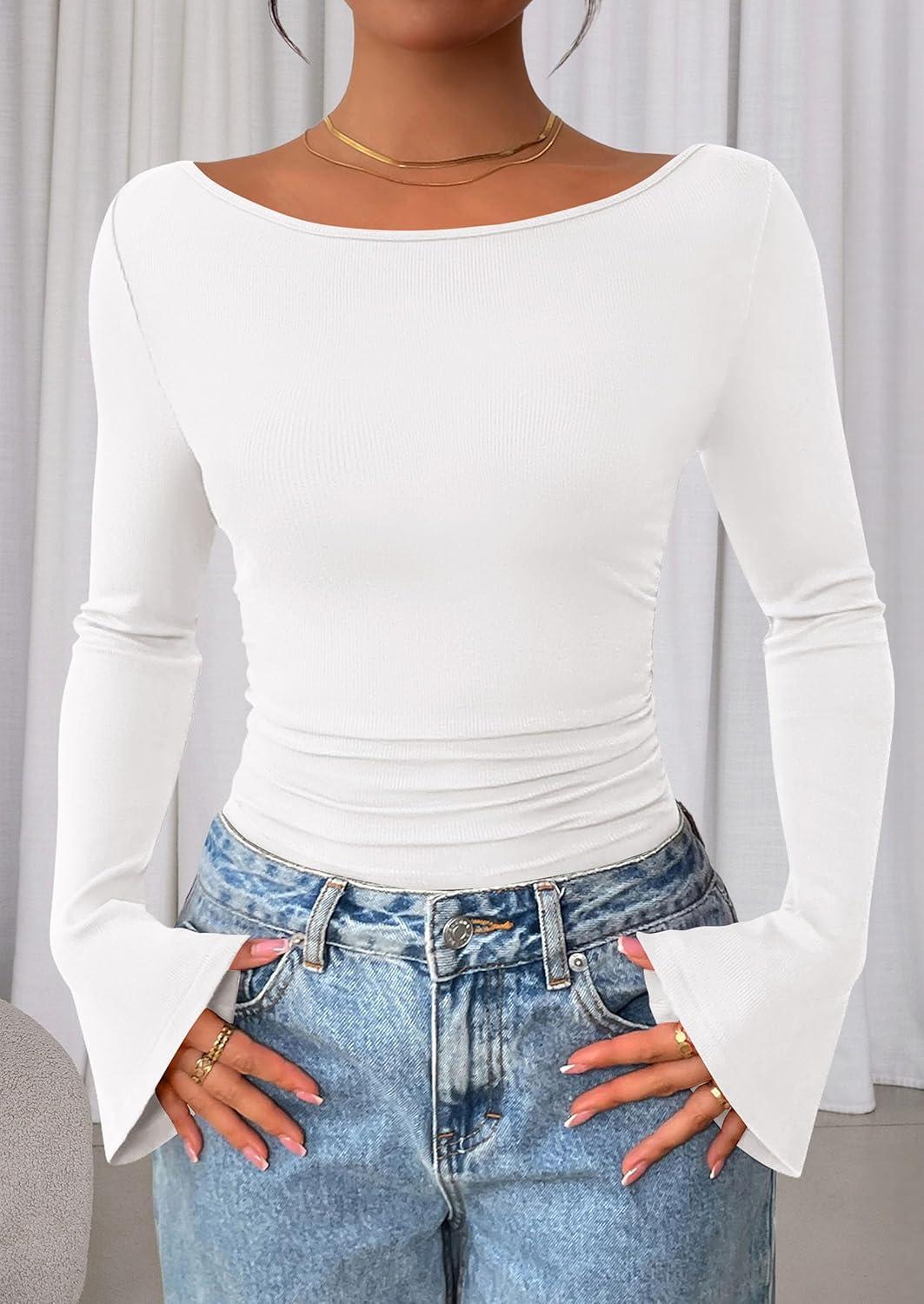 imagePRETTYGARDEN Womens Long Sleeve Shirts 2026 Spring Crop Going Out Tops Casual Boat Neck Bell Sleeve Ribbed Ruched Y2K ClothesWhite