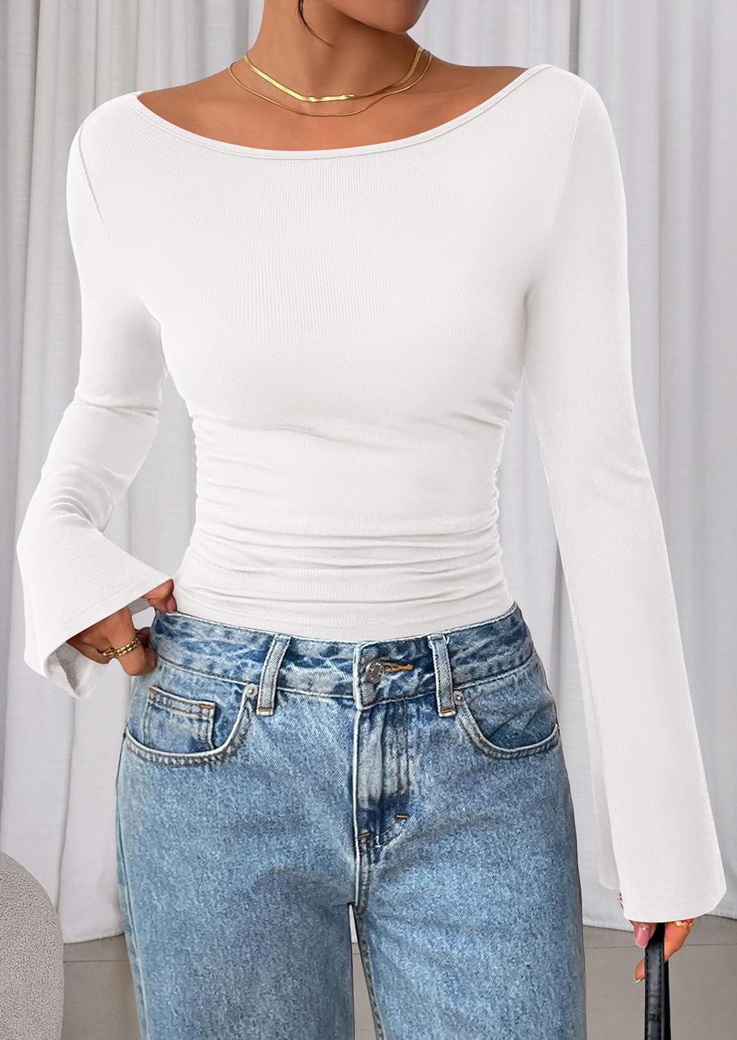 imagePRETTYGARDEN Womens Long Sleeve Shirts 2026 Spring Crop Going Out Tops Casual Boat Neck Bell Sleeve Ribbed Ruched Y2K ClothesWhite