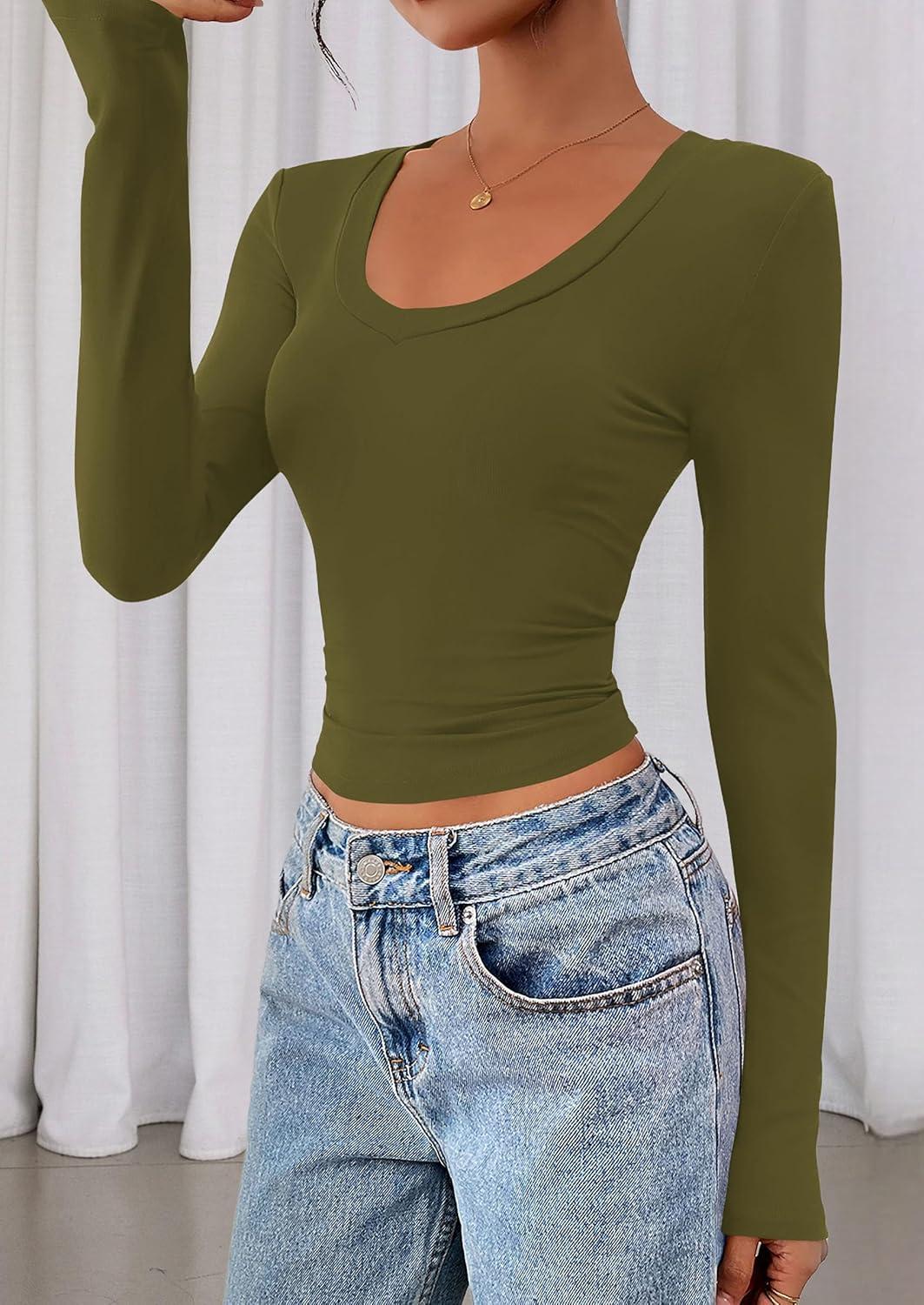 imagePRETTYGARDEN Womens Long Sleeve T Shirts 2026 Fall Trendy Deep V Neck Slim Fit Basic Crop Tops Casual Going Out TopArmy Green