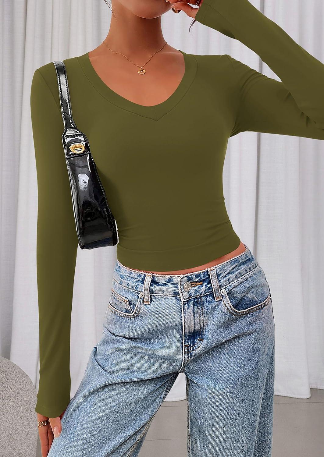 imagePRETTYGARDEN Womens Long Sleeve T Shirts 2026 Fall Trendy Deep V Neck Slim Fit Basic Crop Tops Casual Going Out TopArmy Green