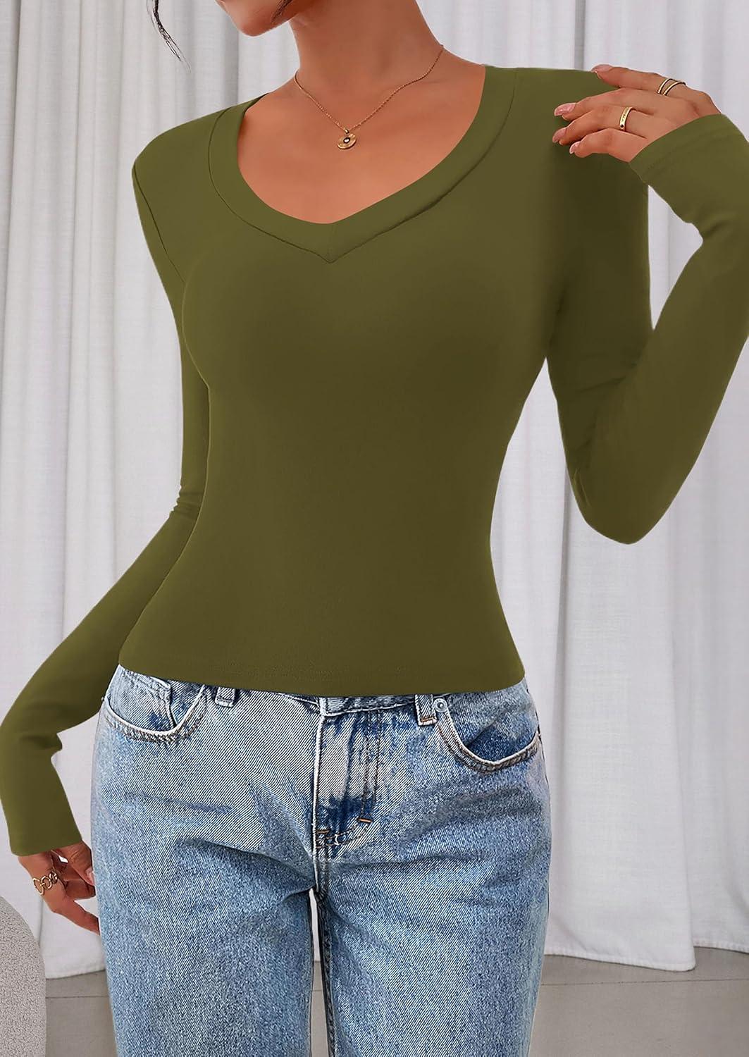 imagePRETTYGARDEN Womens Long Sleeve T Shirts 2026 Fall Trendy Deep V Neck Slim Fit Basic Crop Tops Casual Going Out TopArmy Green