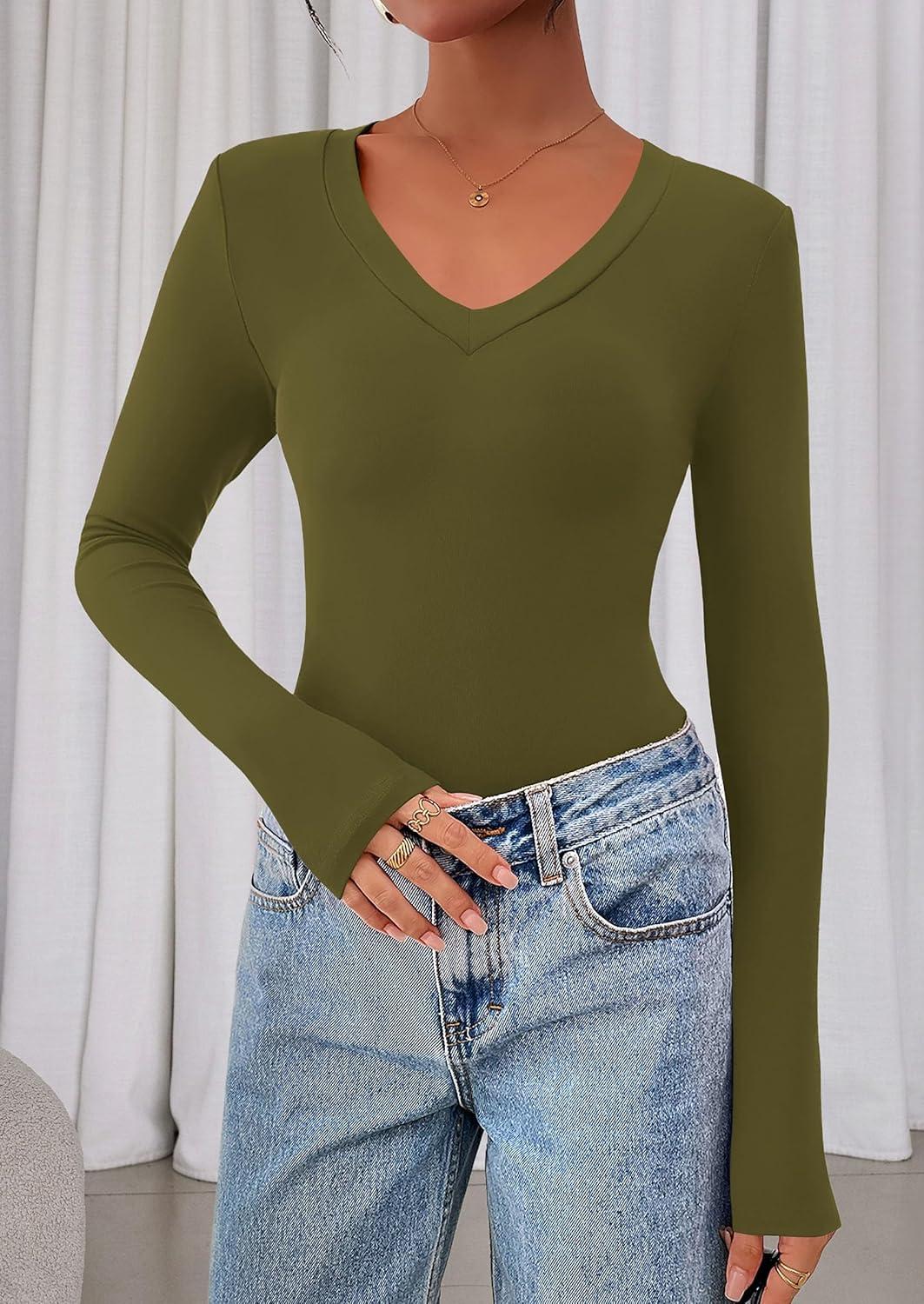 imagePRETTYGARDEN Womens Long Sleeve T Shirts 2026 Fall Trendy Deep V Neck Slim Fit Basic Crop Tops Casual Going Out TopArmy Green