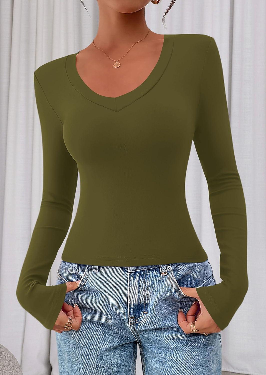 imagePRETTYGARDEN Womens Long Sleeve T Shirts 2026 Fall Trendy Deep V Neck Slim Fit Basic Crop Tops Casual Going Out TopArmy Green