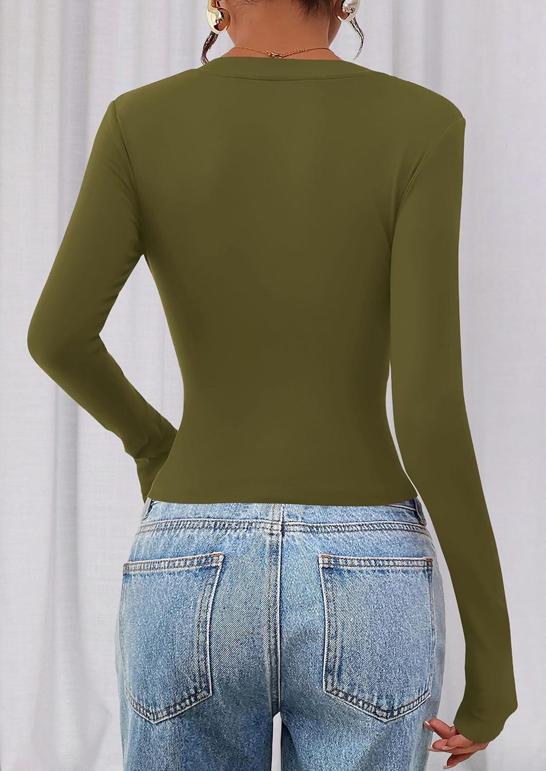 imagePRETTYGARDEN Womens Long Sleeve T Shirts 2026 Fall Trendy Deep V Neck Slim Fit Basic Crop Tops Casual Going Out TopArmy Green