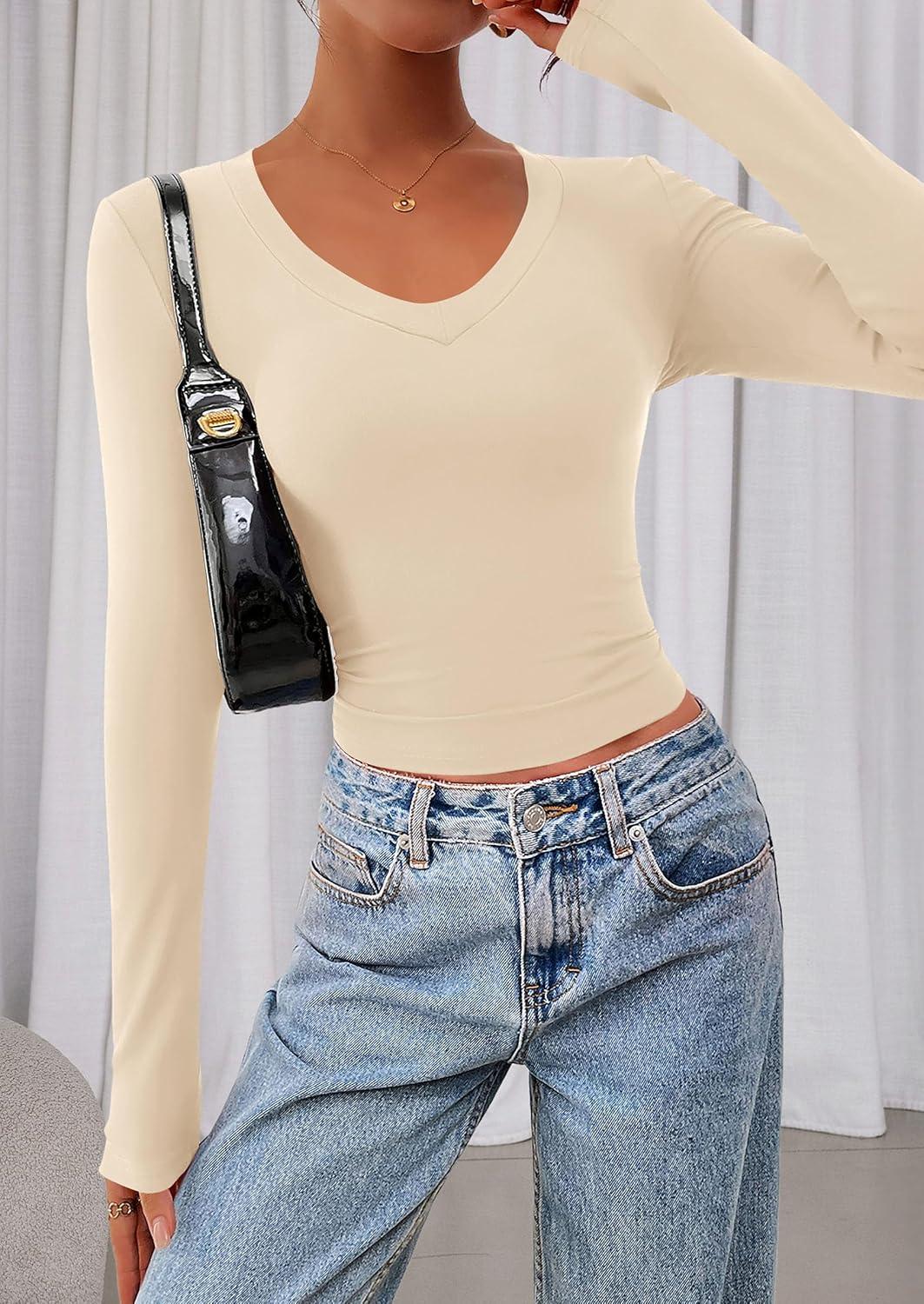 imagePRETTYGARDEN Womens Long Sleeve T Shirts 2026 Fall Trendy Deep V Neck Slim Fit Basic Crop Tops Casual Going Out TopBeige